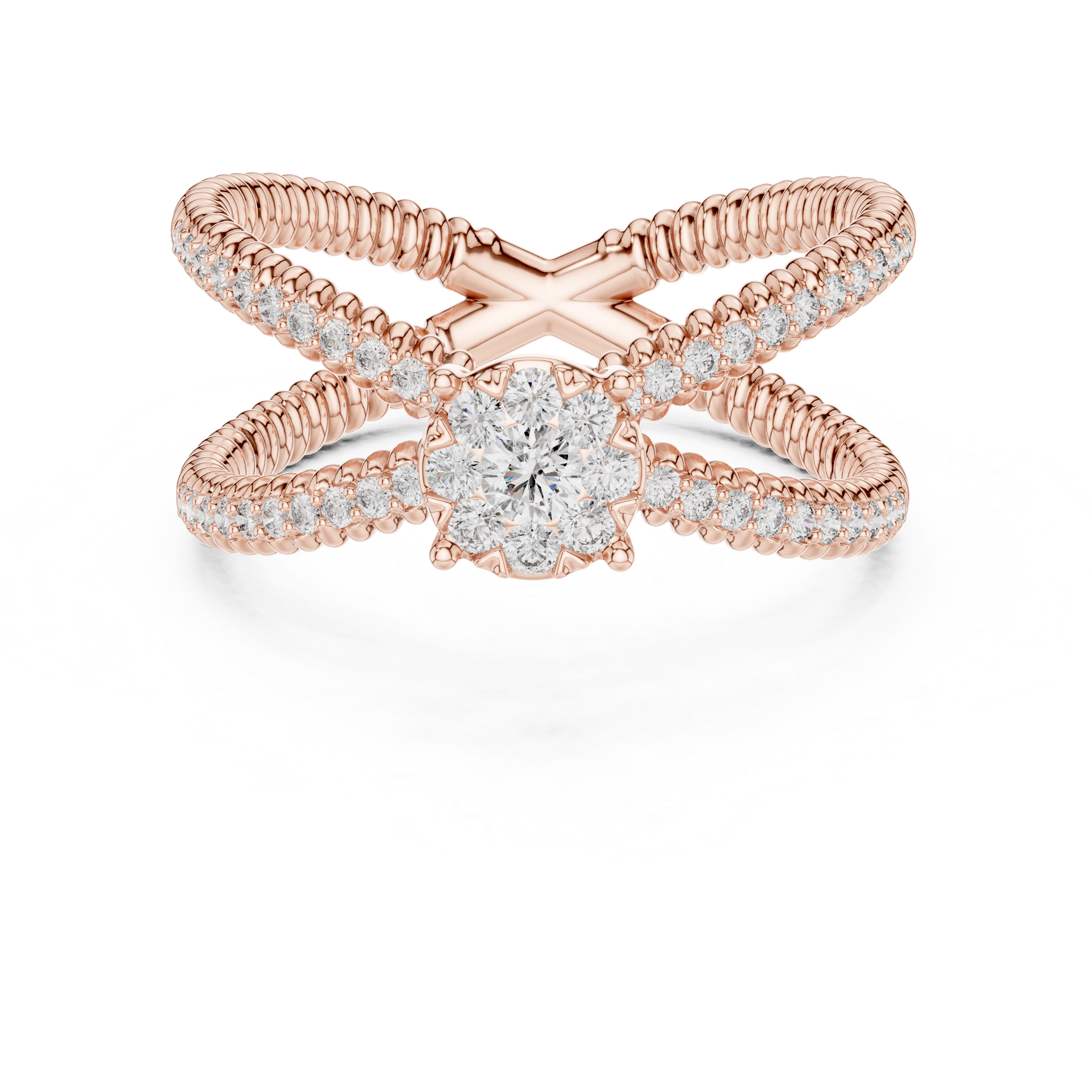 Criss Cross Diamond Cluster Ring – Double Band Pavé Engagement Ring in Yellow Gold