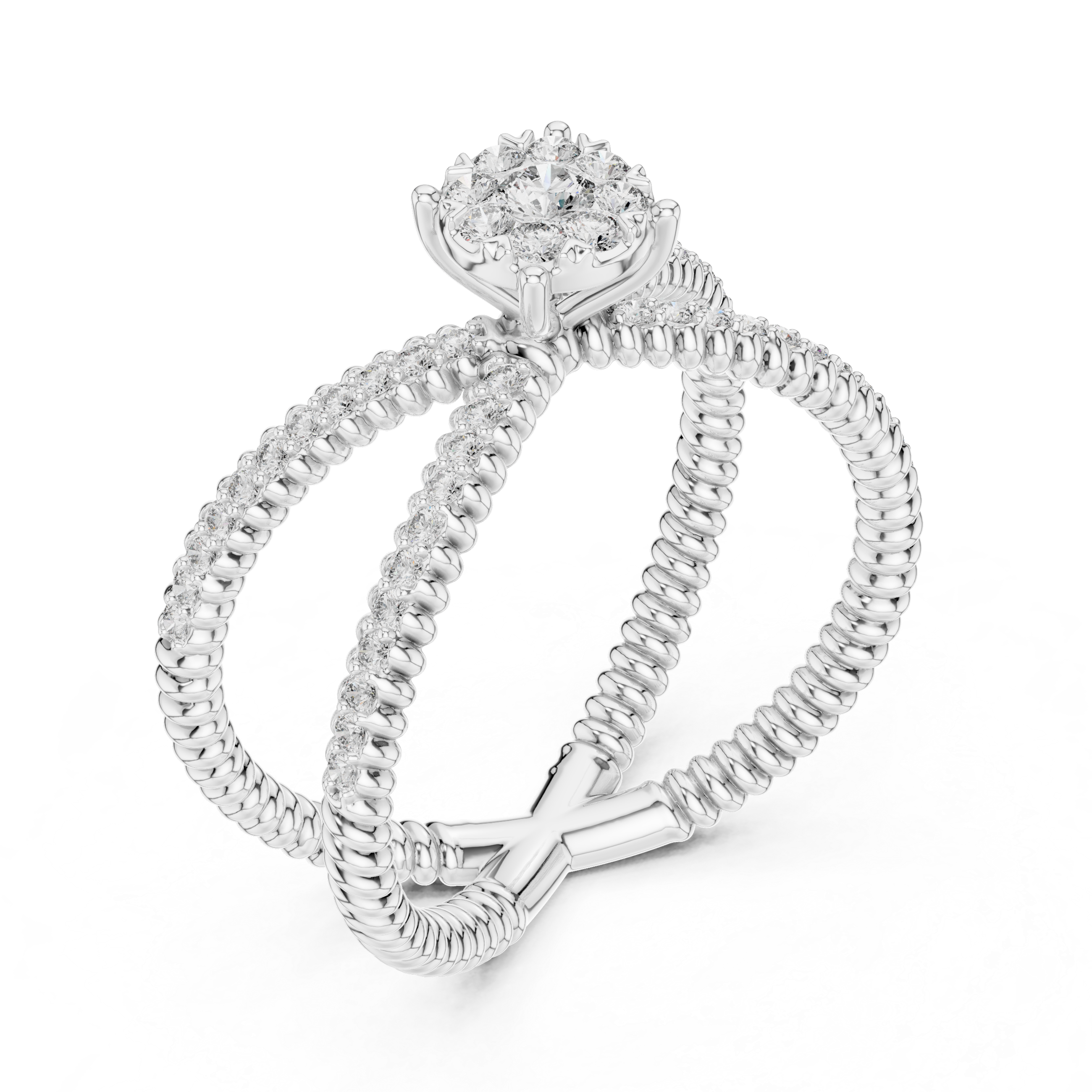 Criss Cross Diamond Cluster Ring – Double Band Pavé Engagement Ring in Yellow Gold