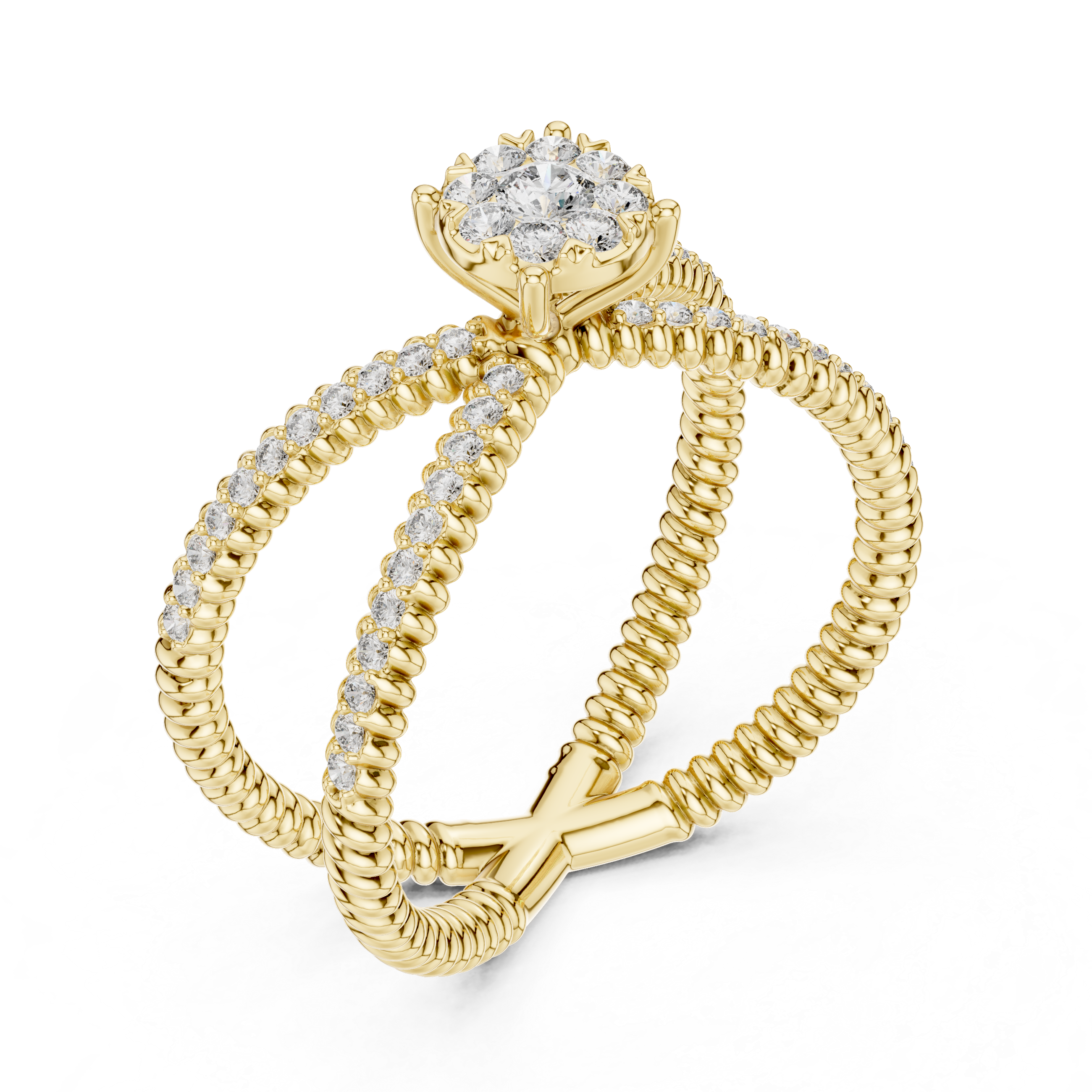 Criss Cross Diamond Cluster Ring – Double Band Pavé Engagement Ring in Yellow Gold