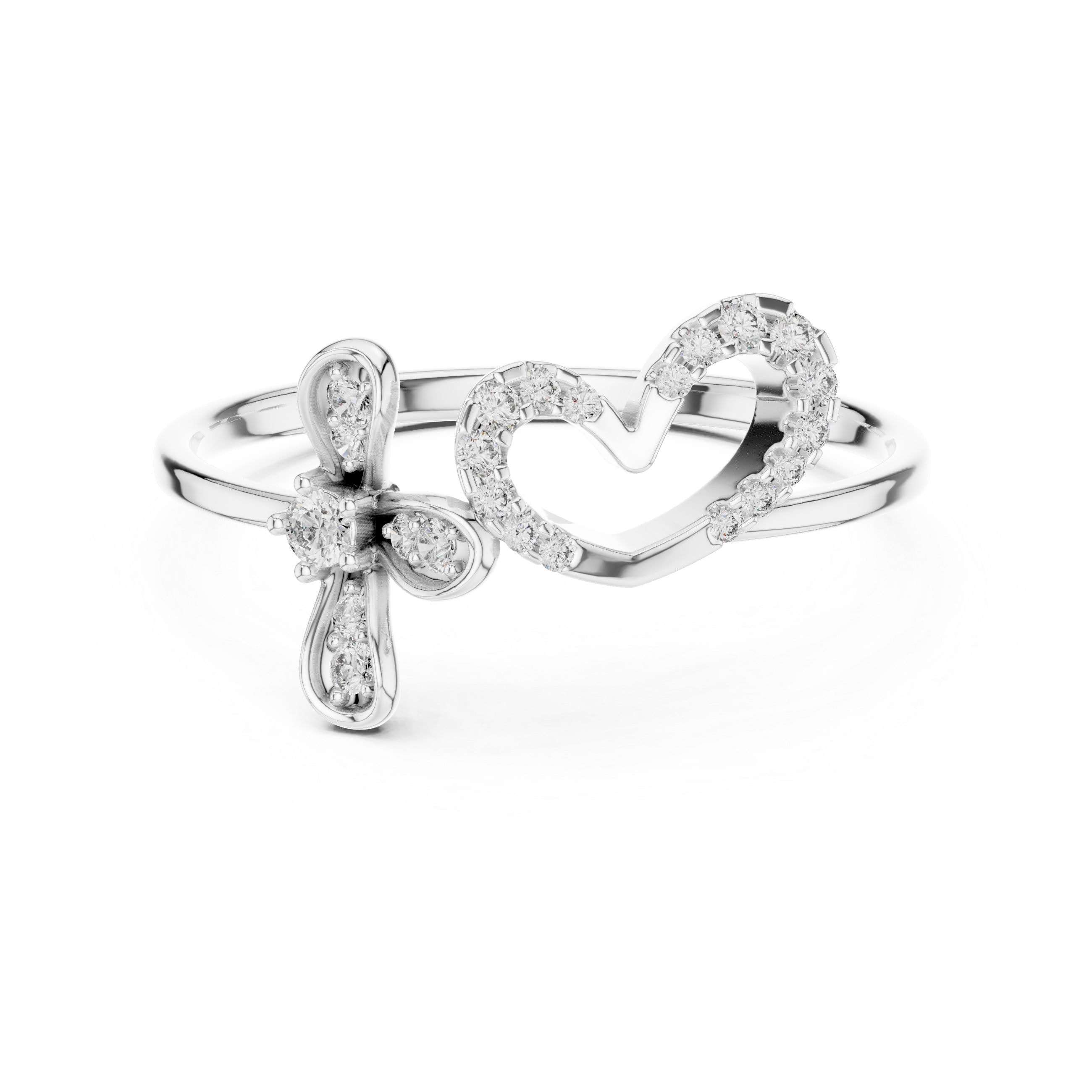Diamond Heart and Floral Openwork Ring with Minimalist Split Design