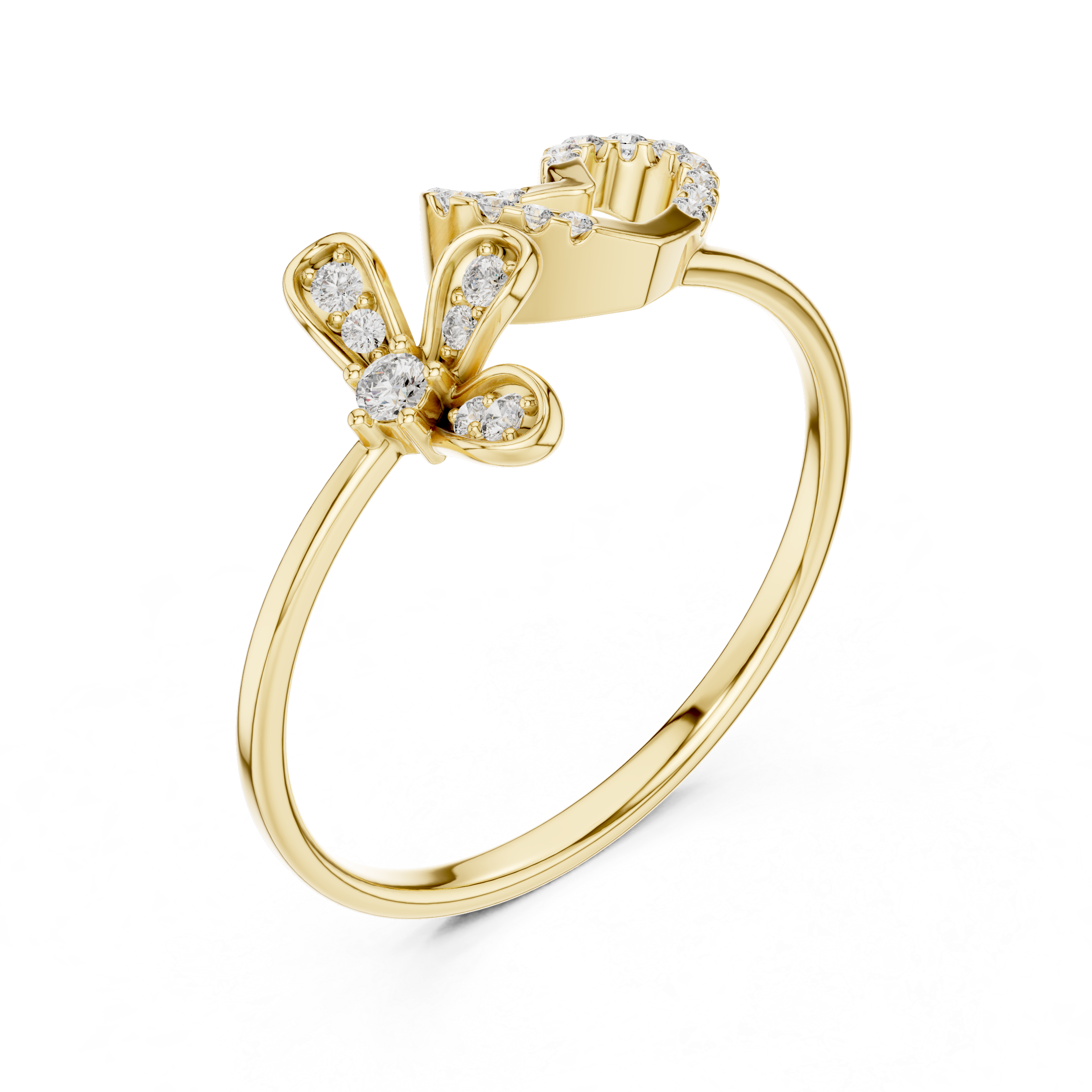 Diamond Heart and Floral Openwork Ring with Minimalist Split Design