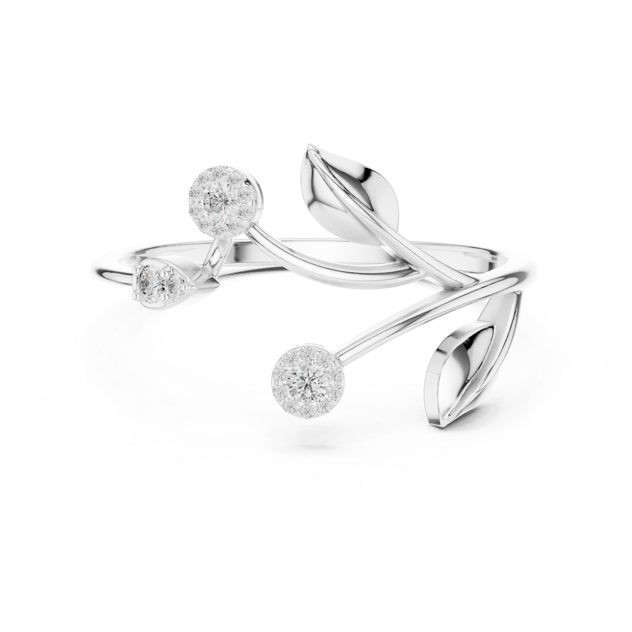 Nature-Inspired Diamond Leaf Ring with Floral Cluster Accents
