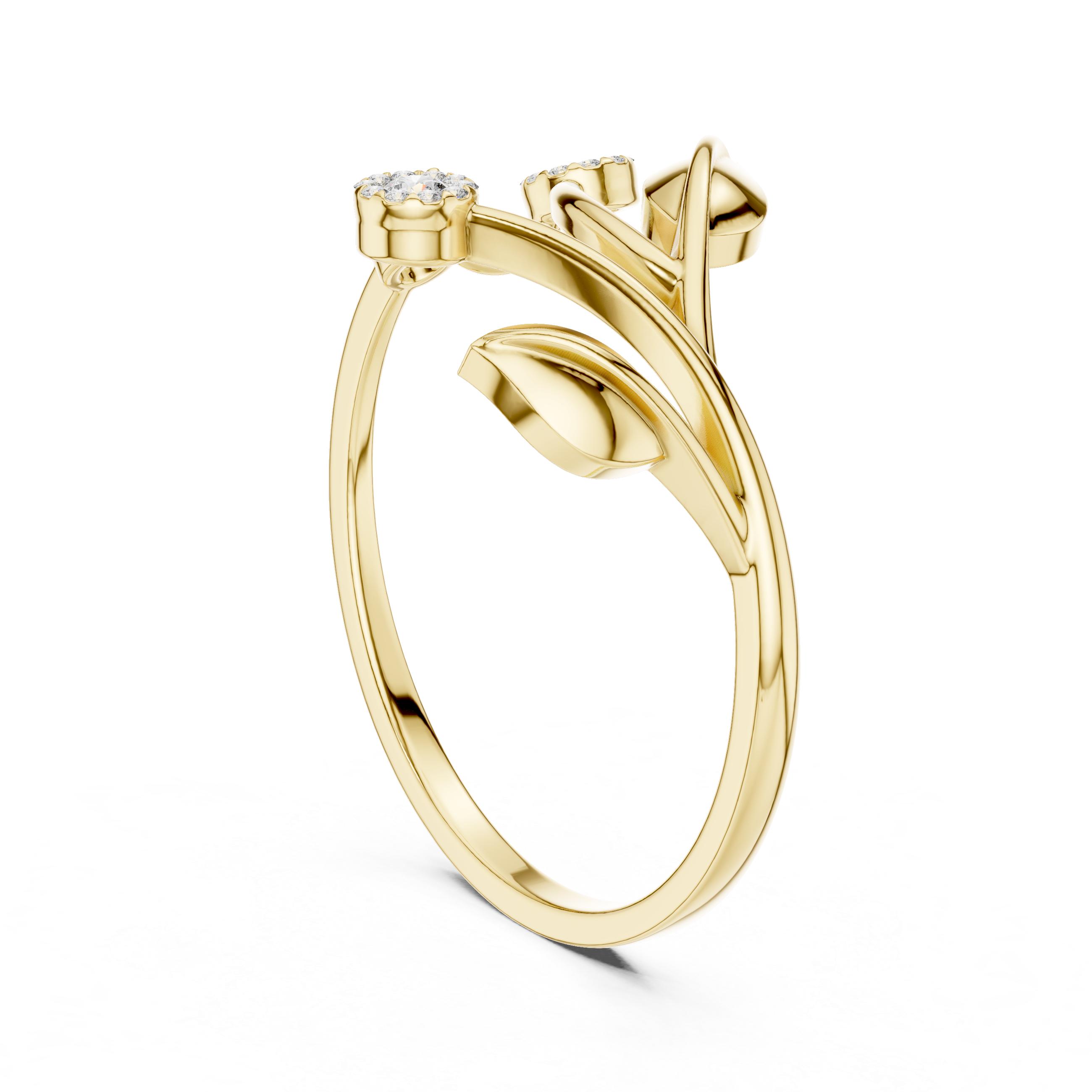 Nature-Inspired Diamond Leaf Ring with Floral Cluster Accents