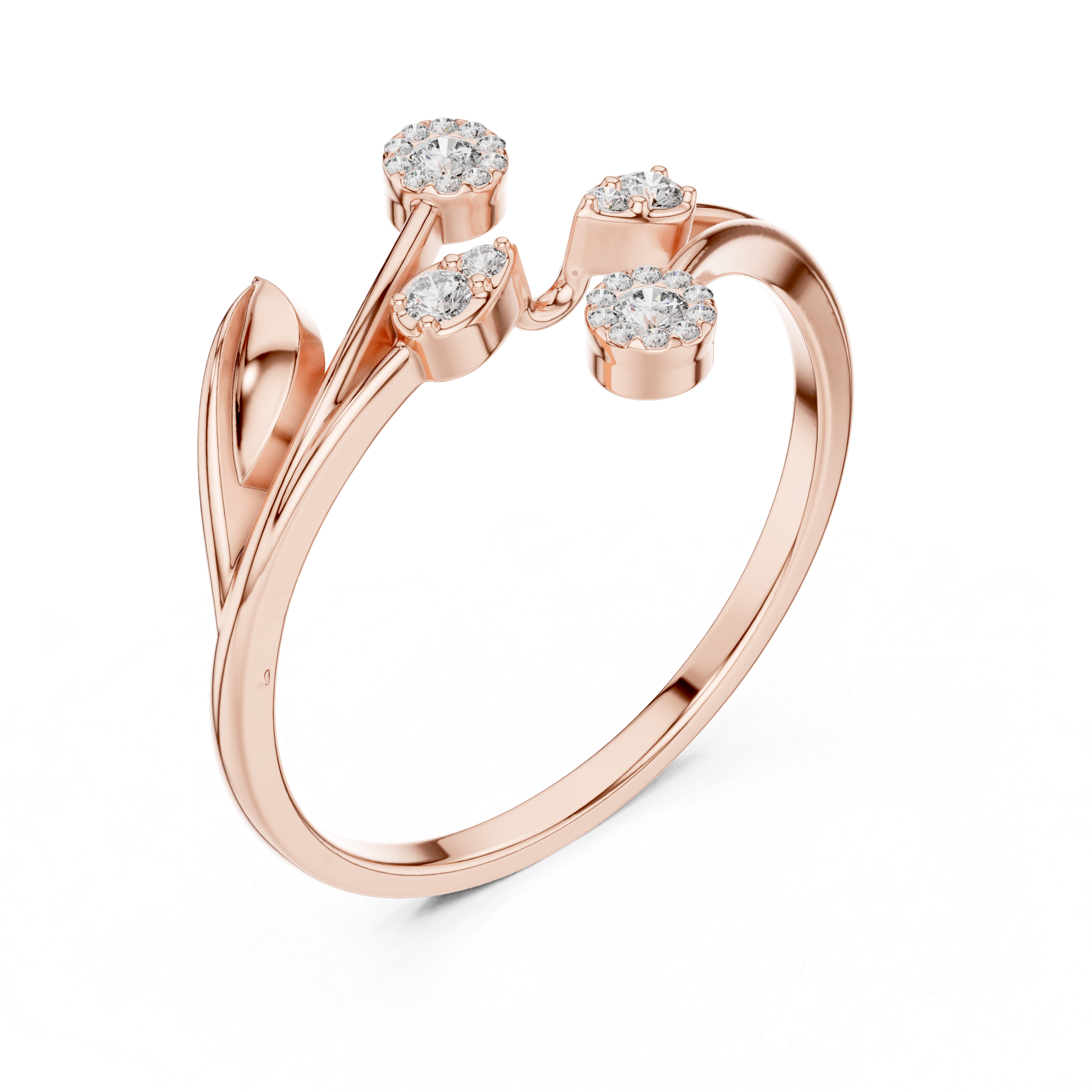 Nature-Inspired Open Leaf Diamond Ring with Floral Cluster Accents