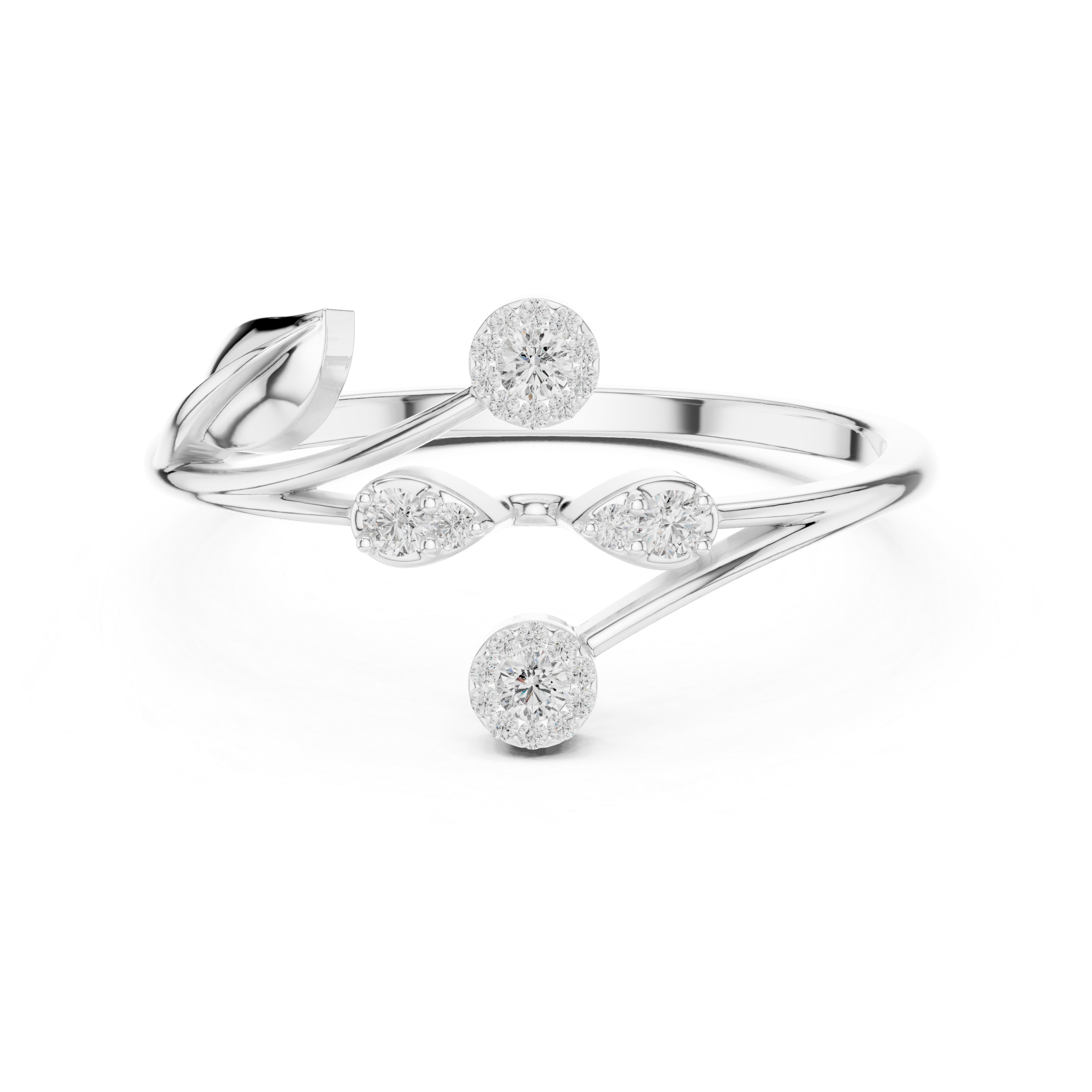 Nature-Inspired Open Leaf Diamond Ring with Floral Cluster Accents