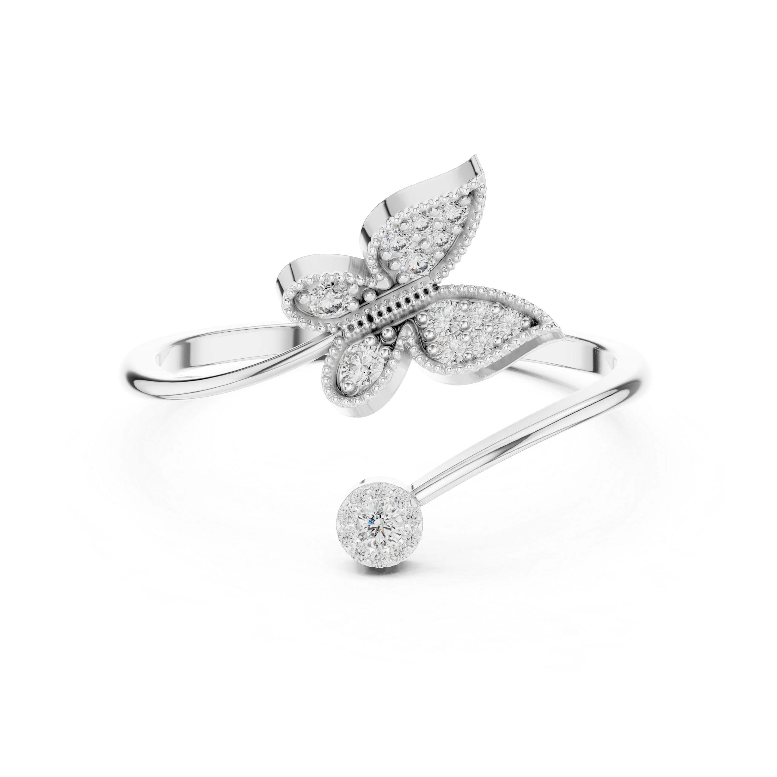 Diamond Butterfly & Floral Open Ring – Nature Inspired Leaf Wrap Design