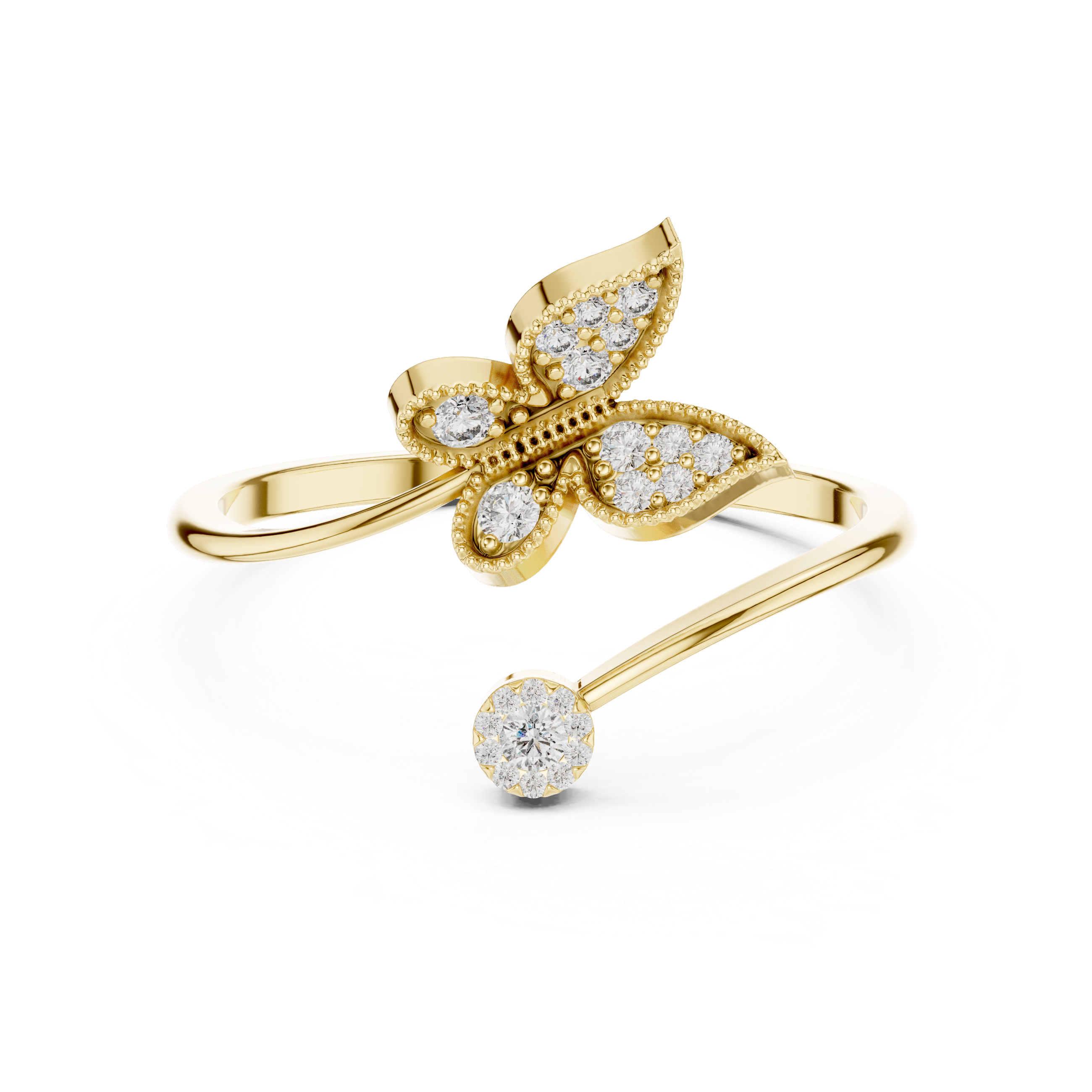 Diamond Butterfly & Floral Open Ring – Nature Inspired Leaf Wrap Design