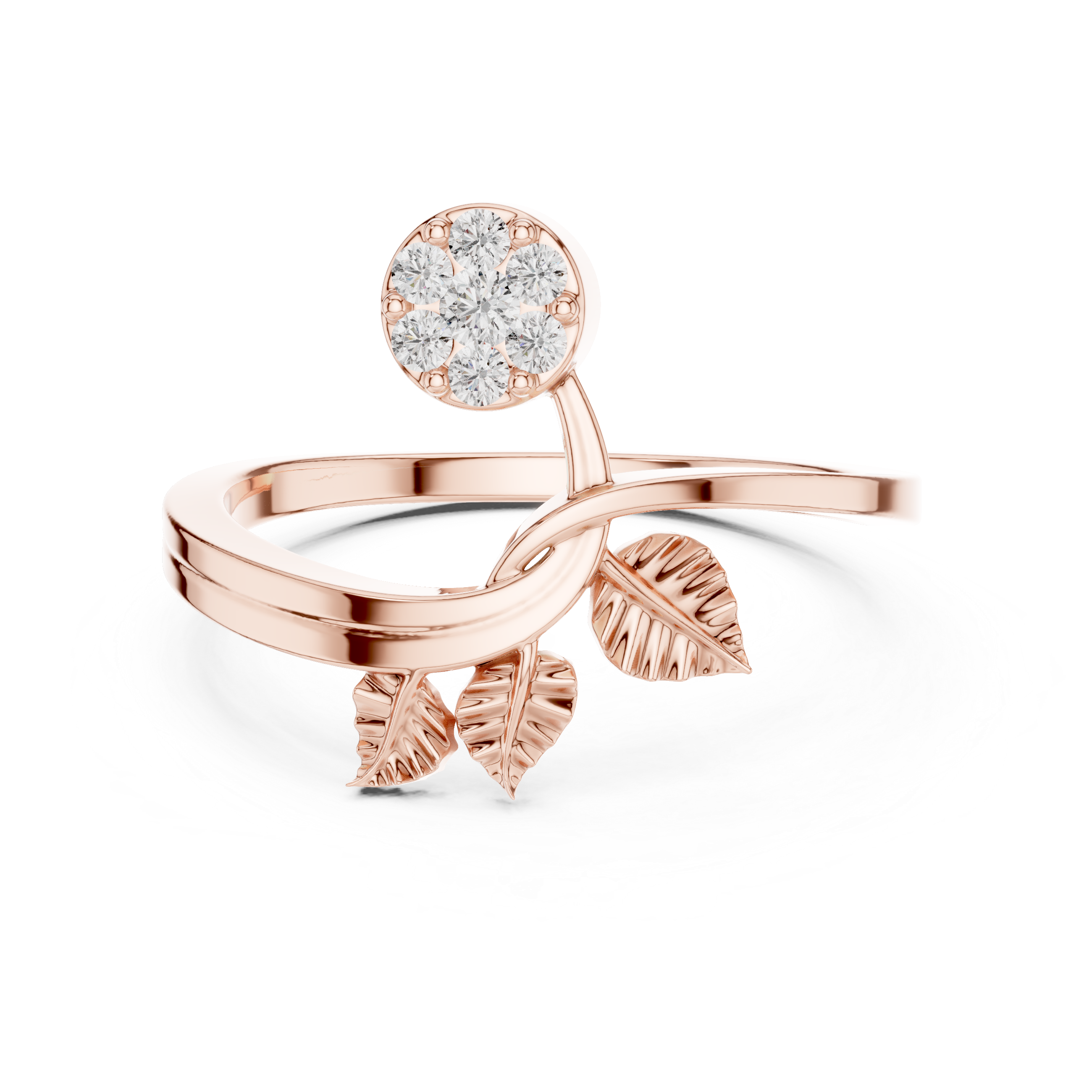 Diamond Flower & Leaf Nature Ring – Botanical Inspired Open Wrap Ring