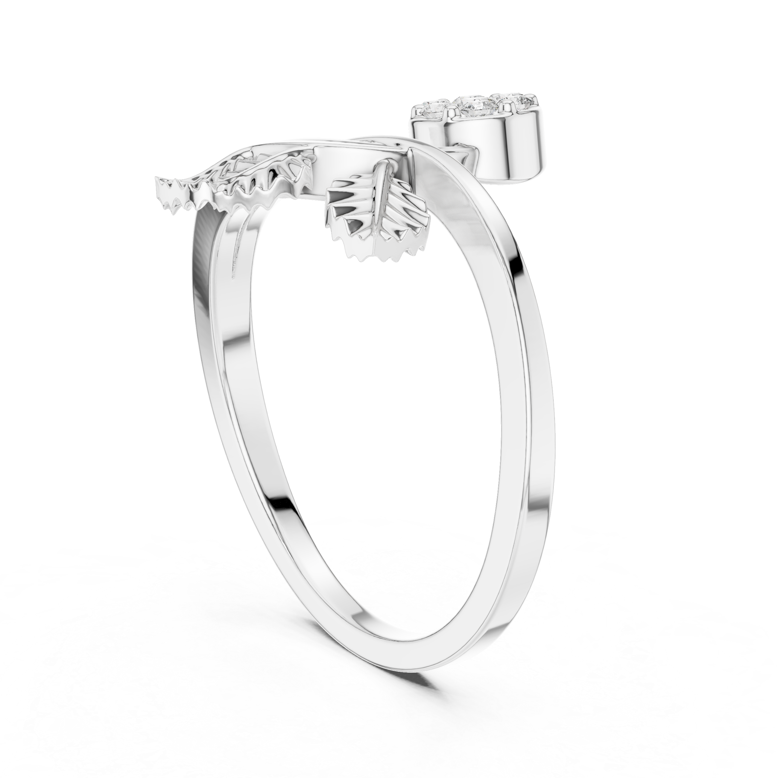 Diamond Flower & Leaf Nature Ring – Botanical Inspired Open Wrap Ring