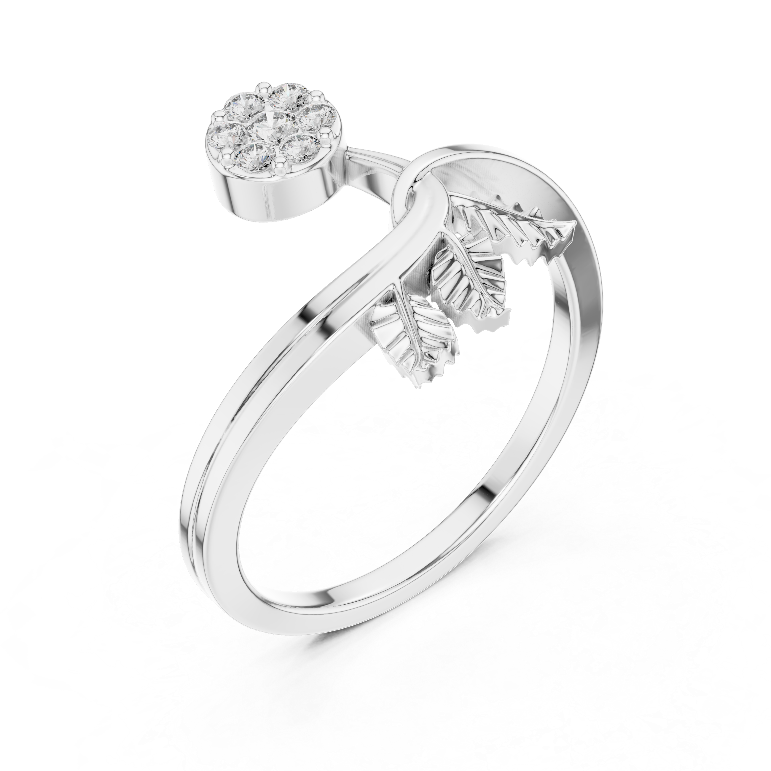 Diamond Flower & Leaf Nature Ring – Botanical Inspired Open Wrap Ring
