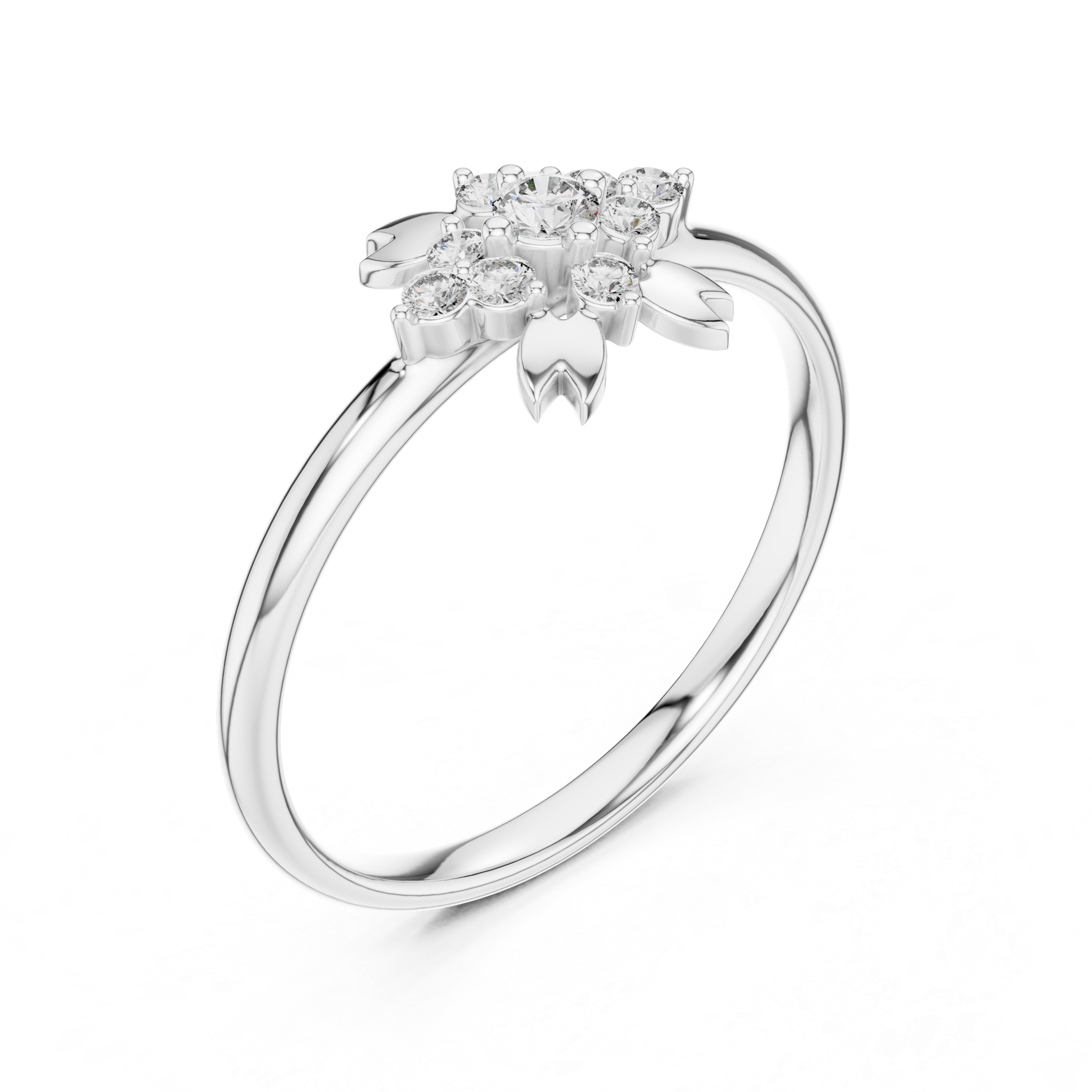 Floral Diamond Cluster Ring with Leaf Accents – Nature Inspired Elegance