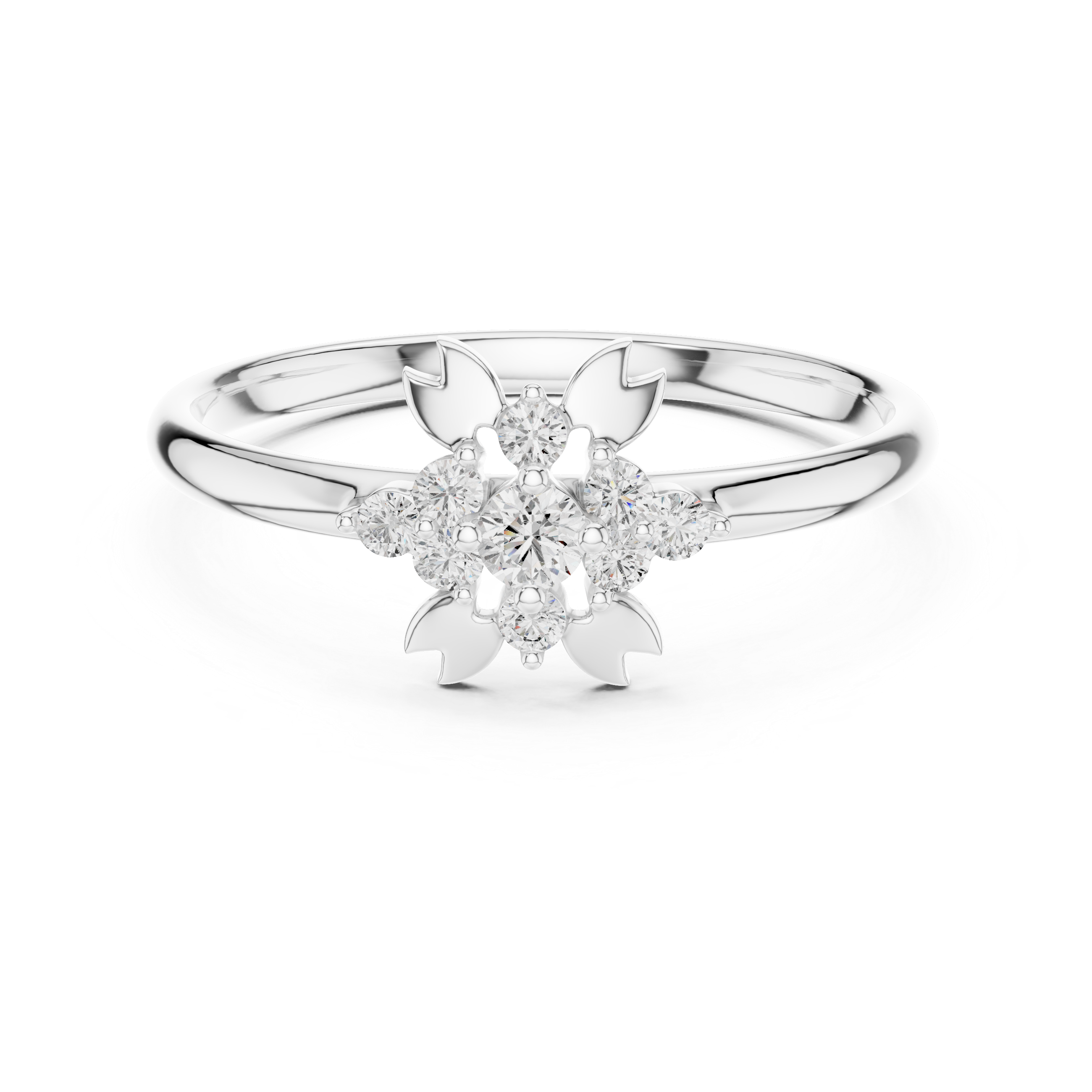 Floral Diamond Cluster Ring with Leaf Accents – Nature Inspired Elegance