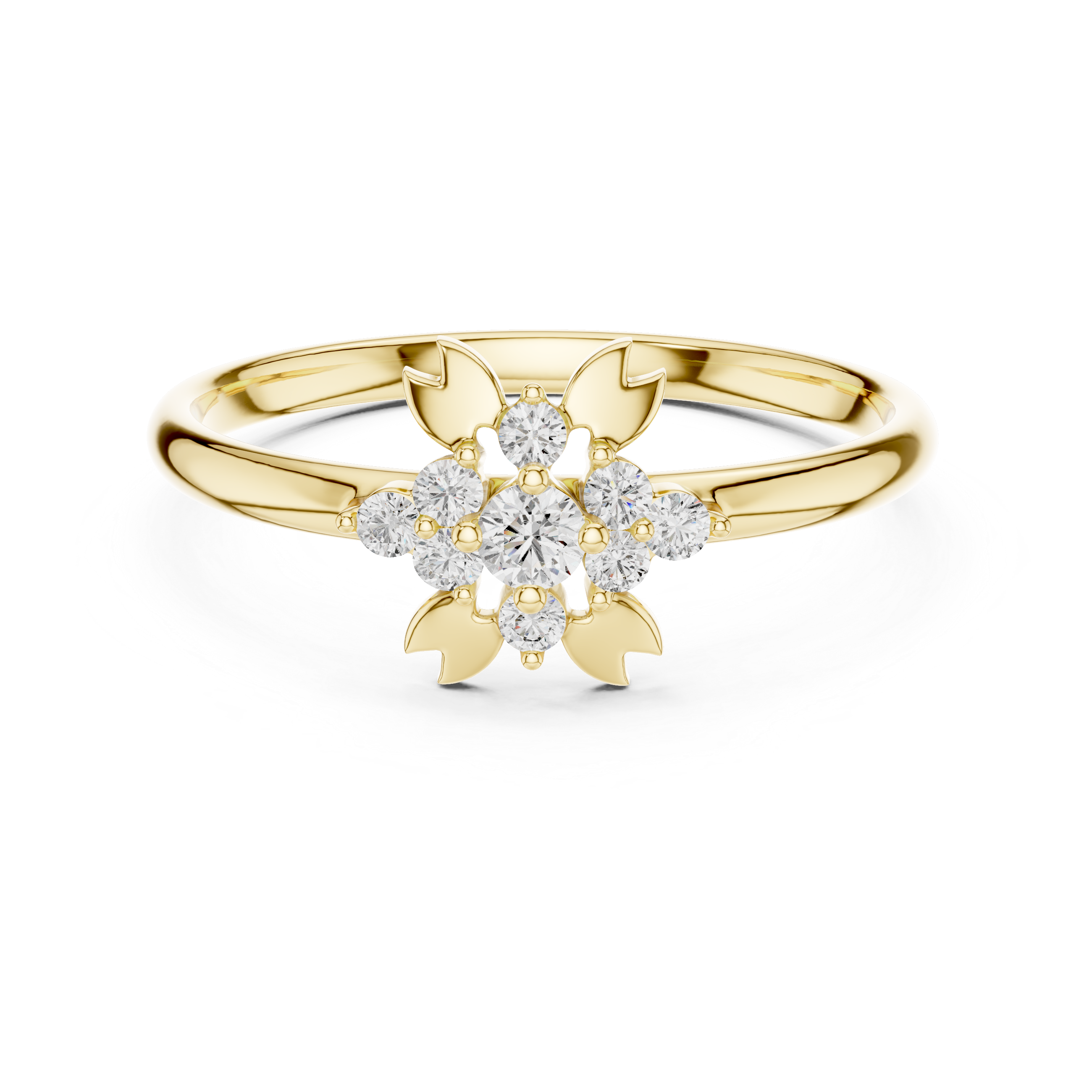 Floral Diamond Cluster Ring with Leaf Accents – Nature Inspired Elegance