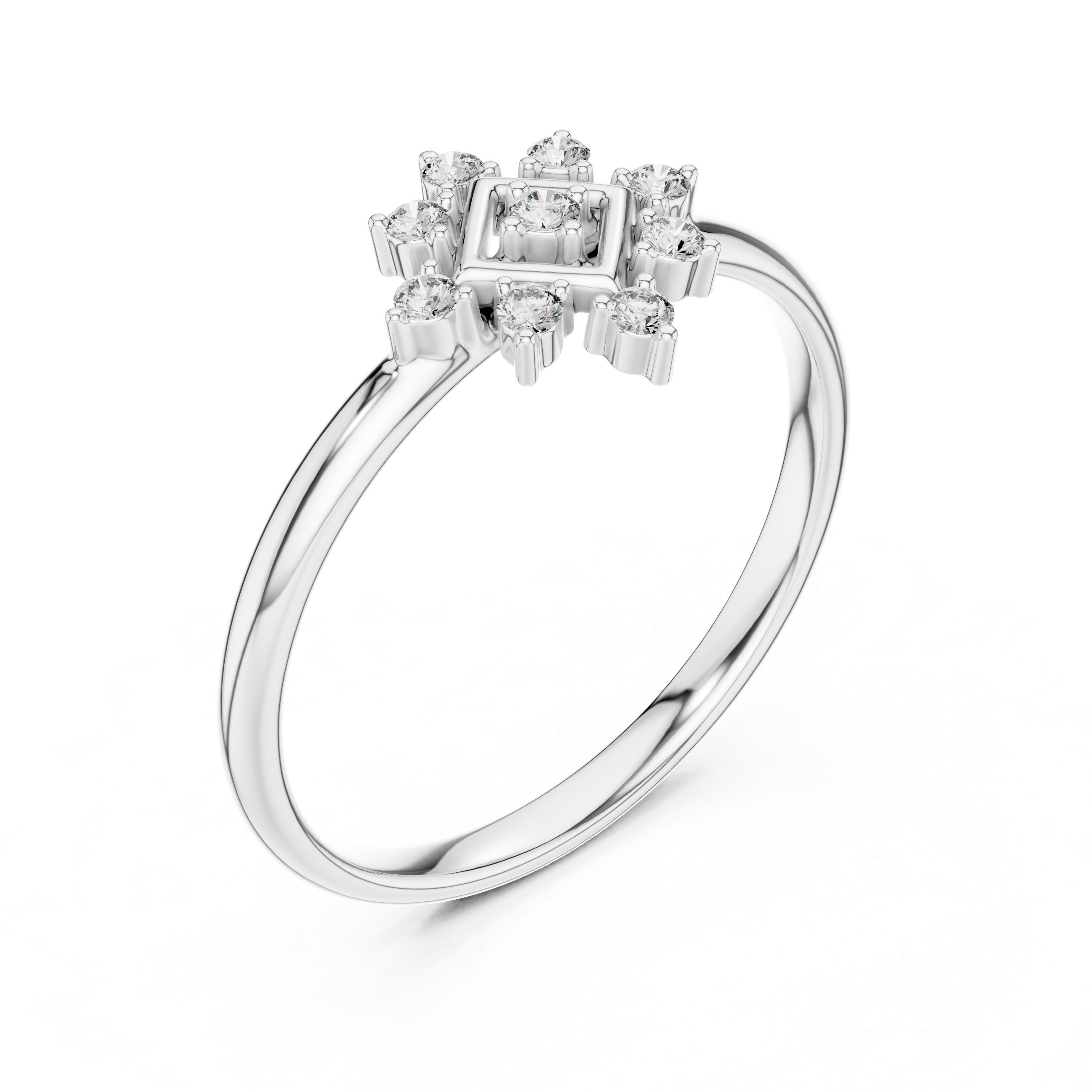 Geometric Diamond Halo Ring – Square Frame Floral Cluster
