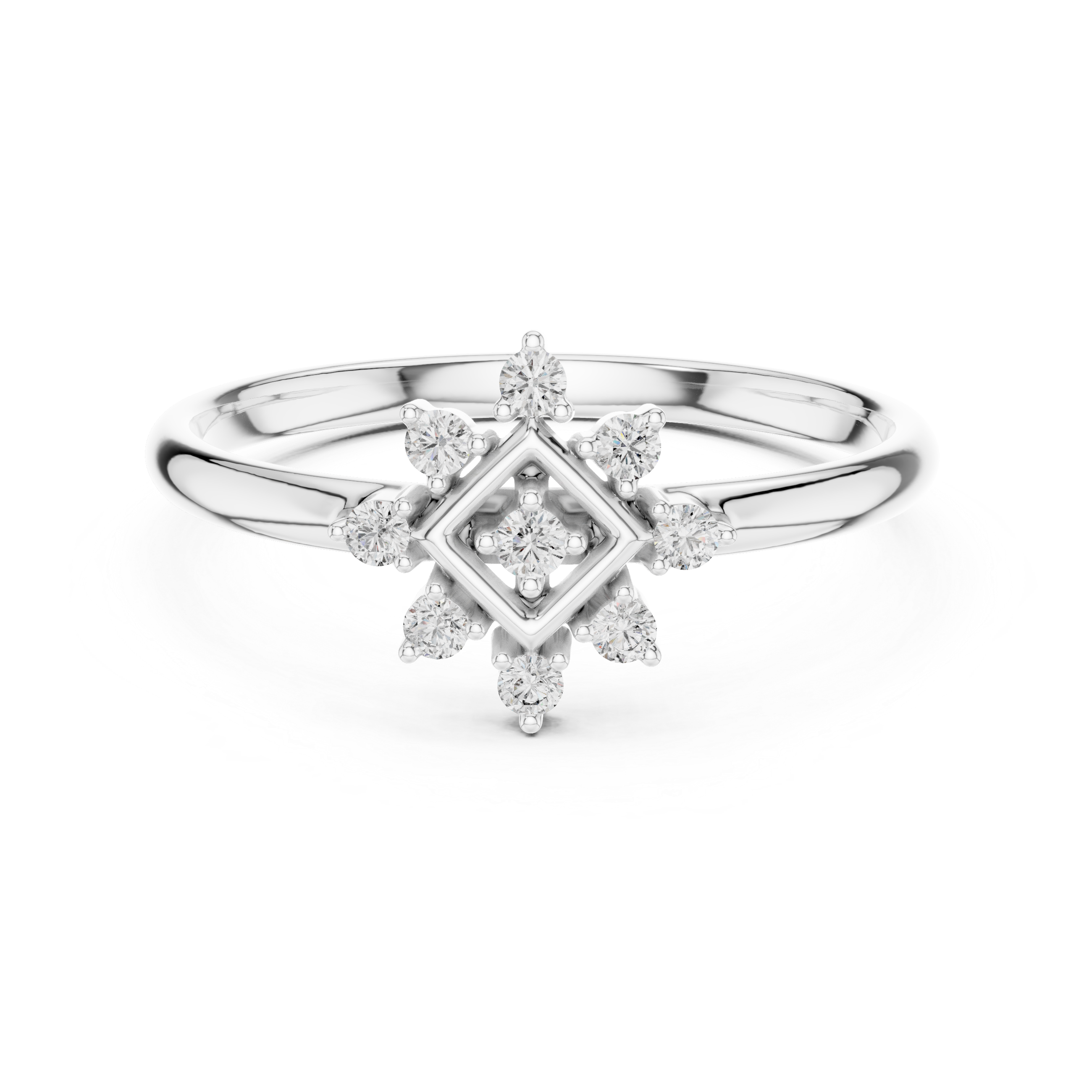 Geometric Diamond Halo Ring – Square Frame Floral Cluster