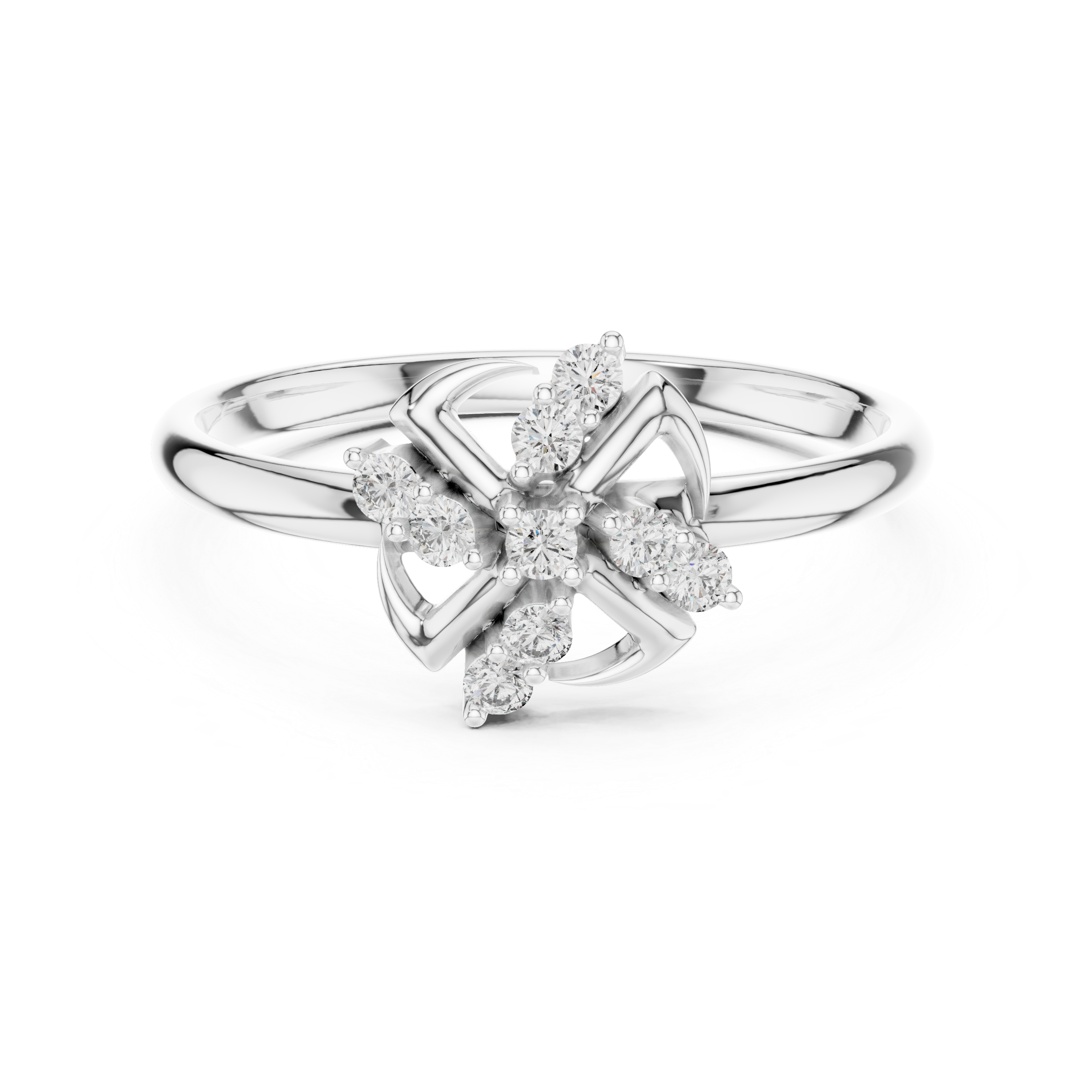 Swirl Cross Diamond Cluster Ring – Modern Floral Twist Design
