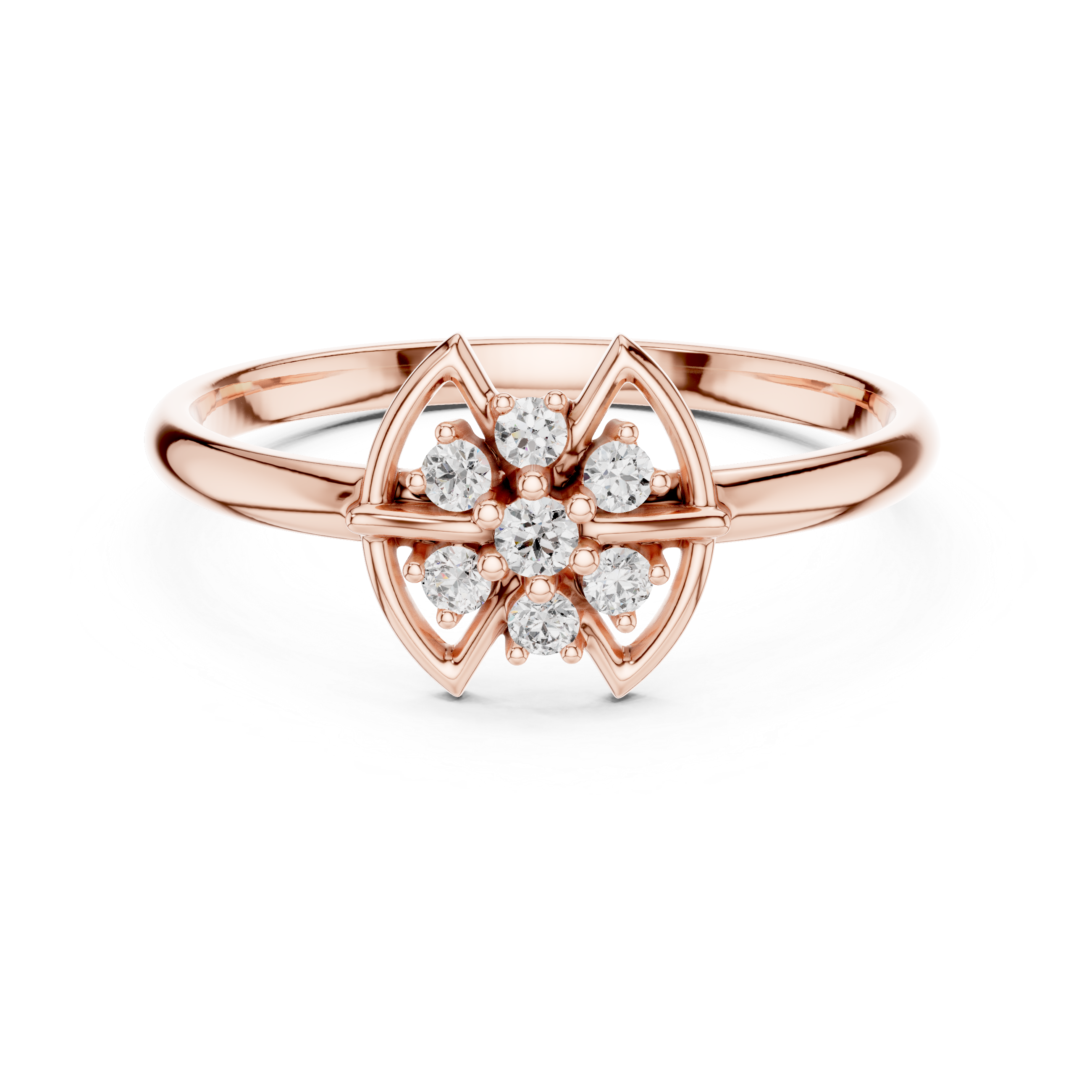 Geometric Floral Diamond Cluster Ring with Double Petal Frame