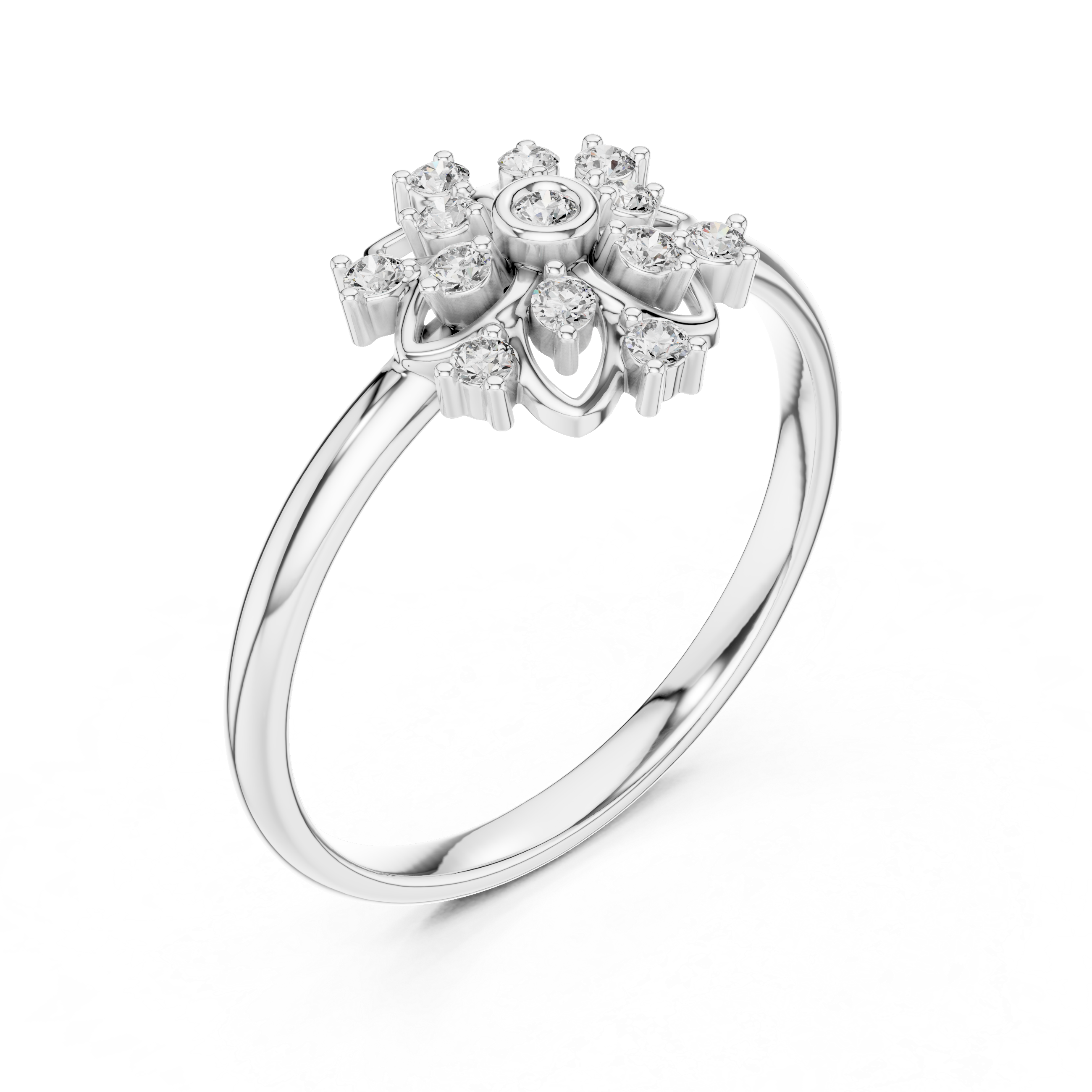 Floral Halo Diamond Cluster Ring with Open Petal Design