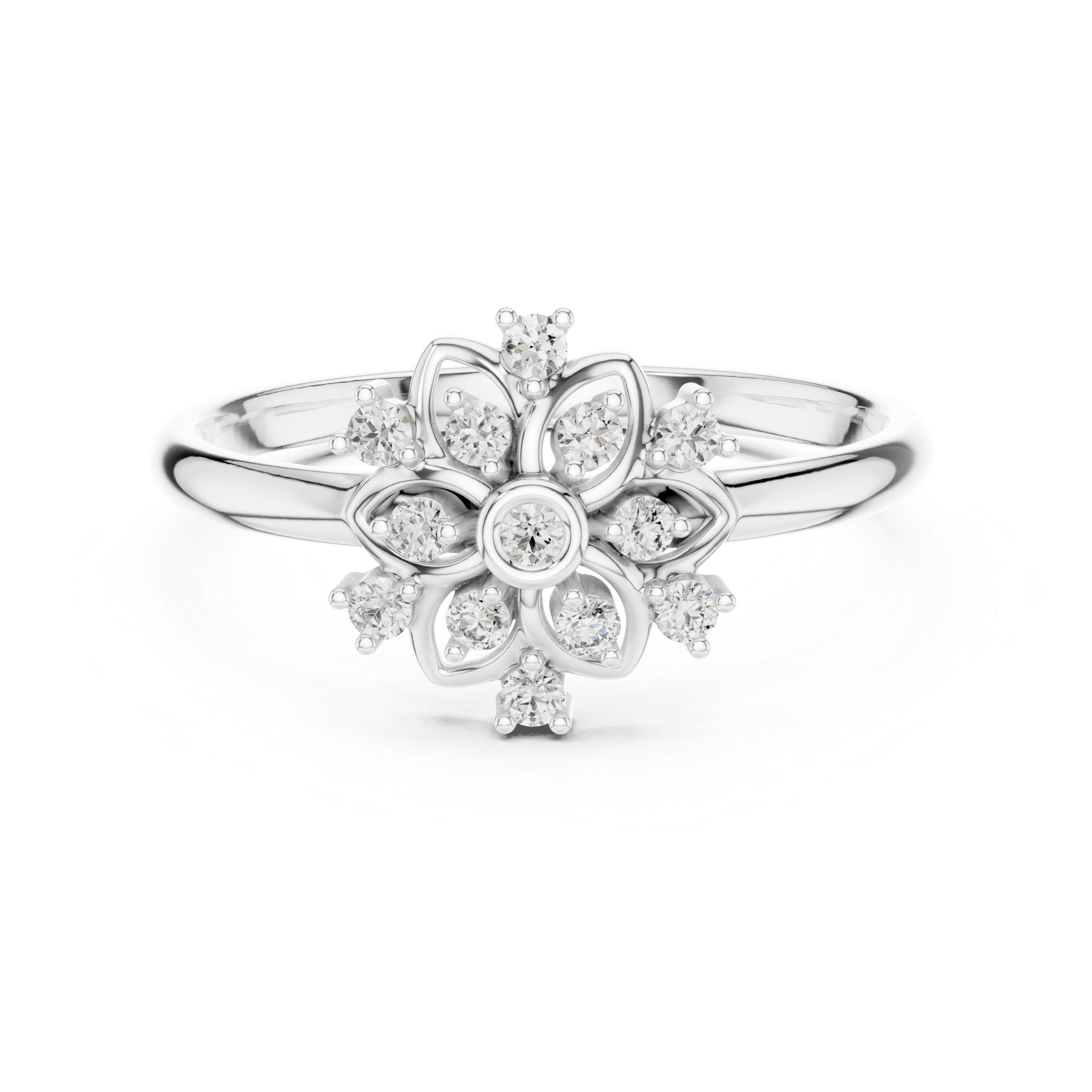 Floral Halo Diamond Cluster Ring with Open Petal Design