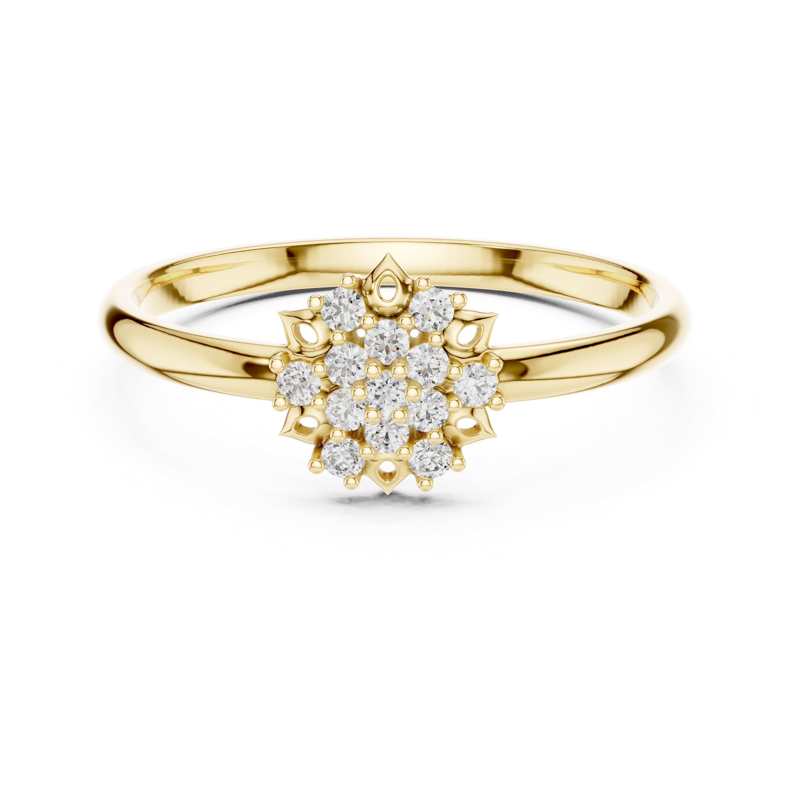 Sunburst Diamond Cluster Ring with Geometric Floral Detail