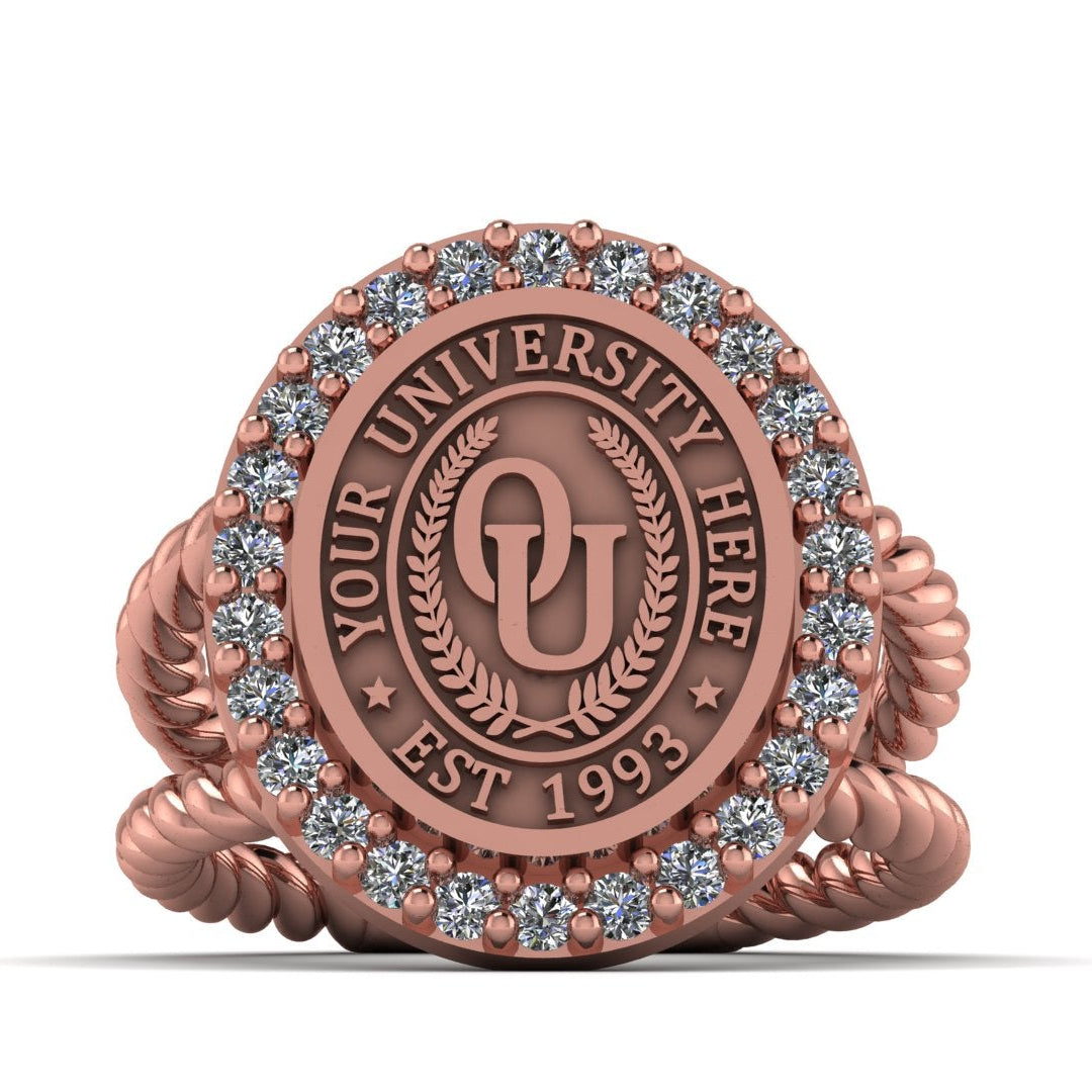 Rose gold ring with engraved design on a white background