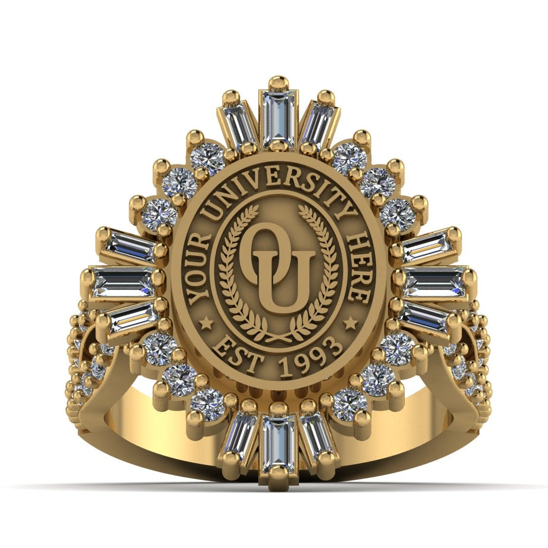 Gold ring with university emblem and diamond accents on a white background