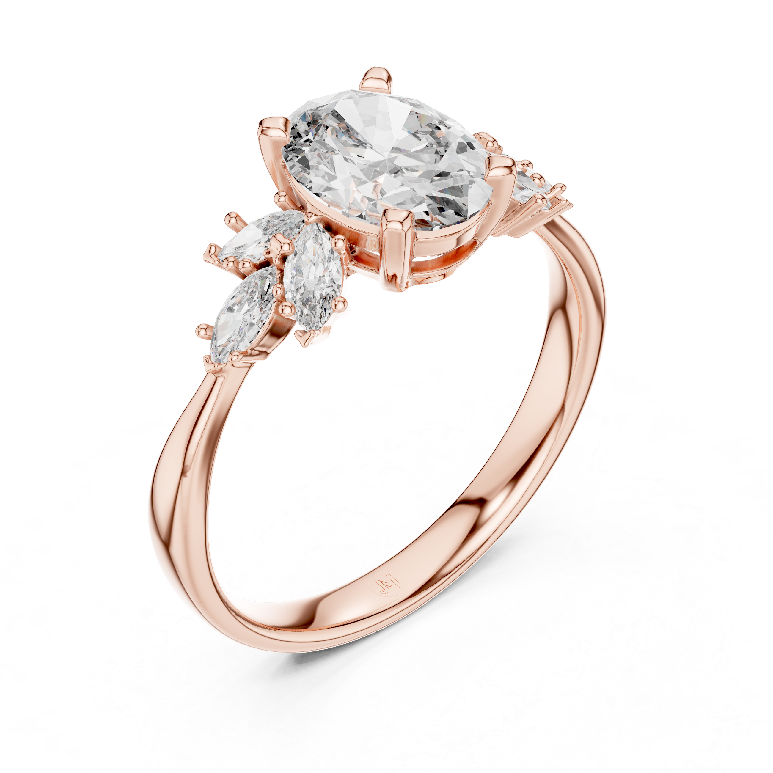 Oval Diamond Engagement Ring with Marquise Side Stones and Floral Cluster Design