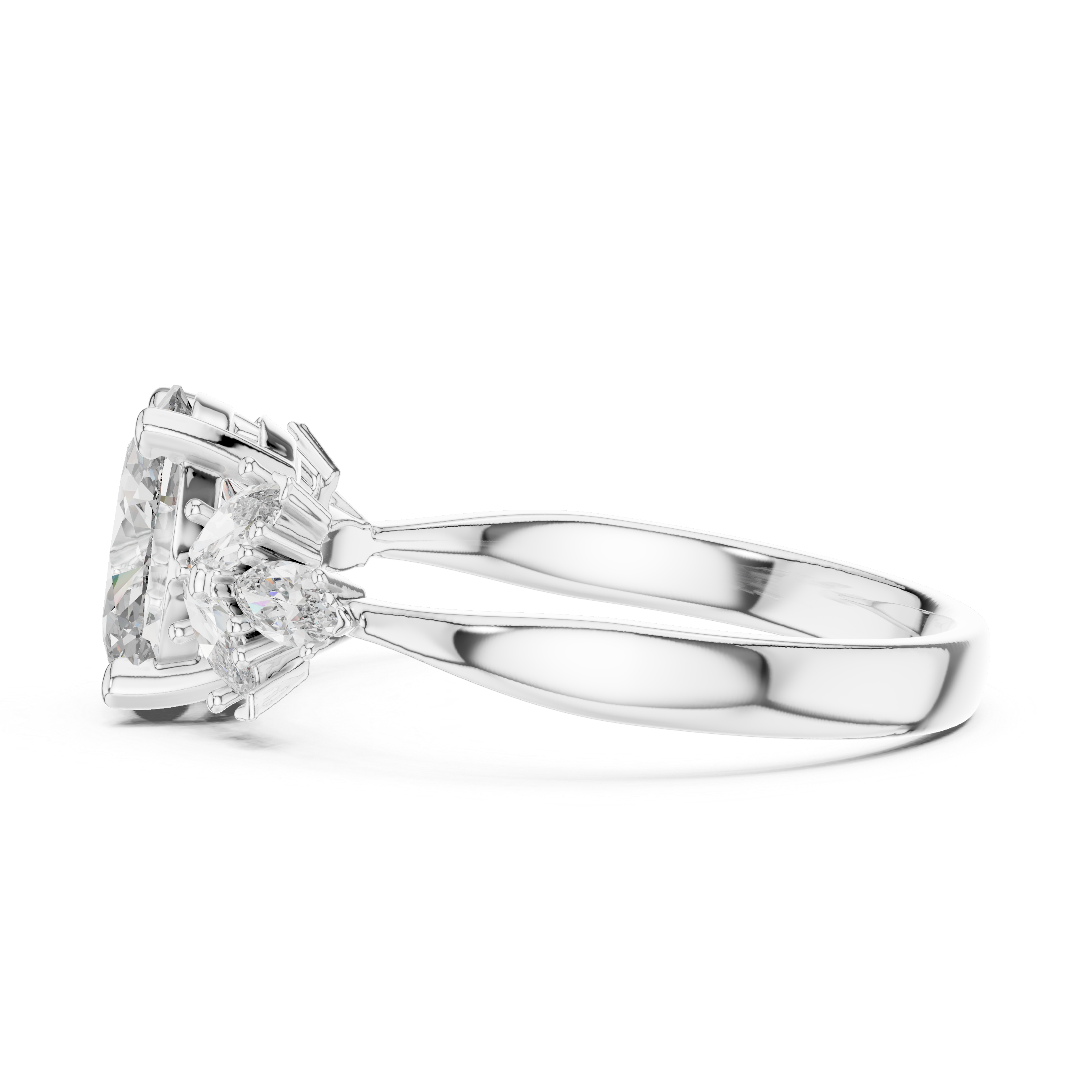 Oval Diamond Engagement Ring with Marquise Side Stones and Floral Cluster Design