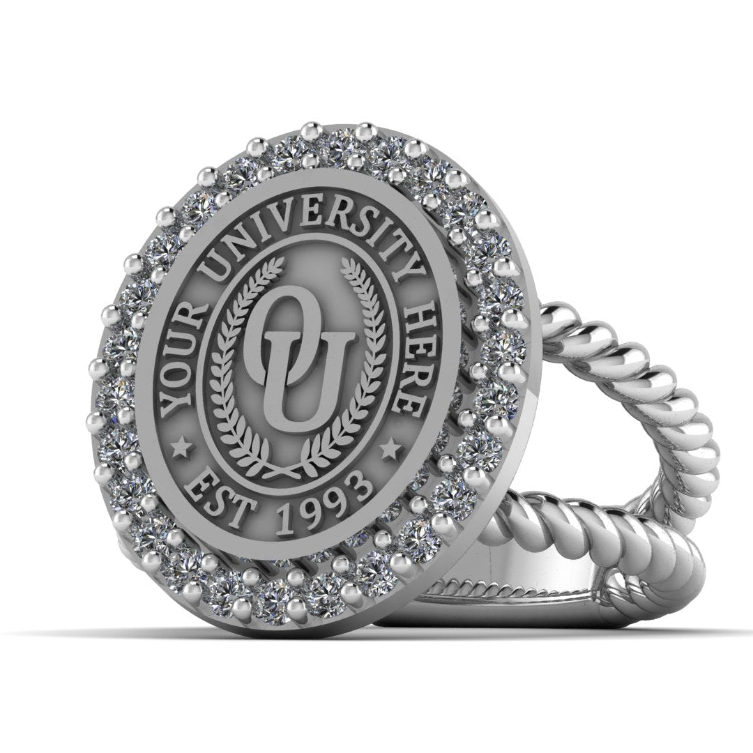 Silver ring with a customizable university emblem on a white background