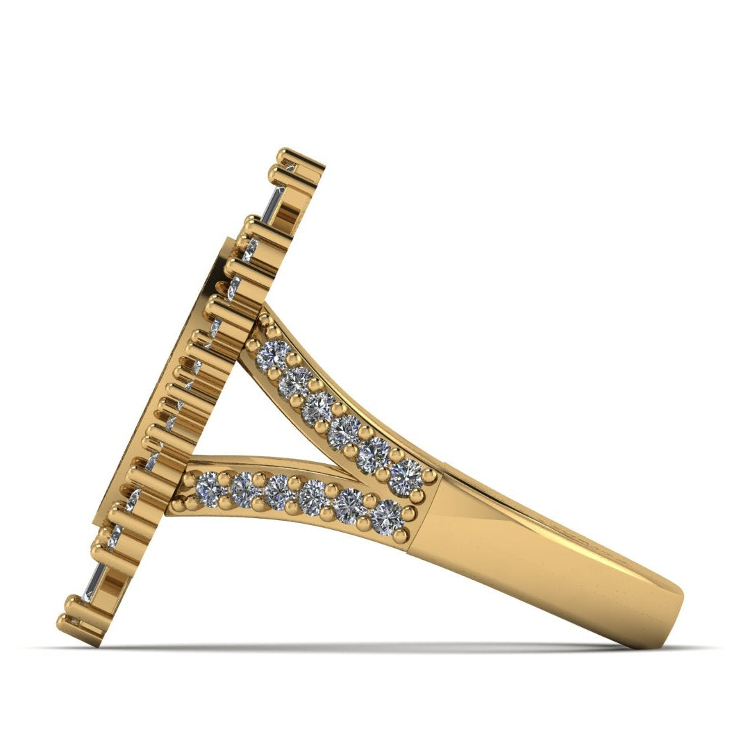 Gold V-shaped ring with embedded diamonds on a white background