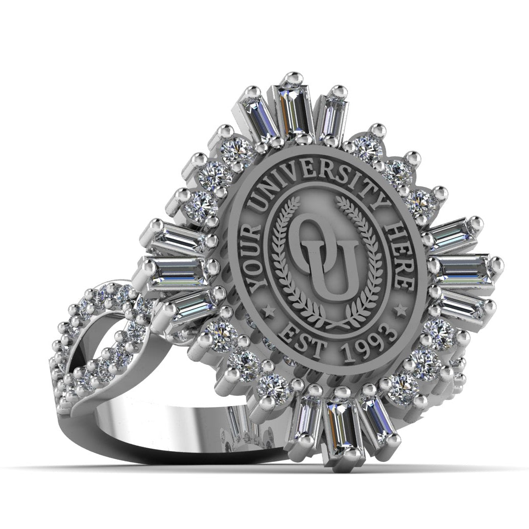 Silver ring with gemstones and a central emblem on a white background
