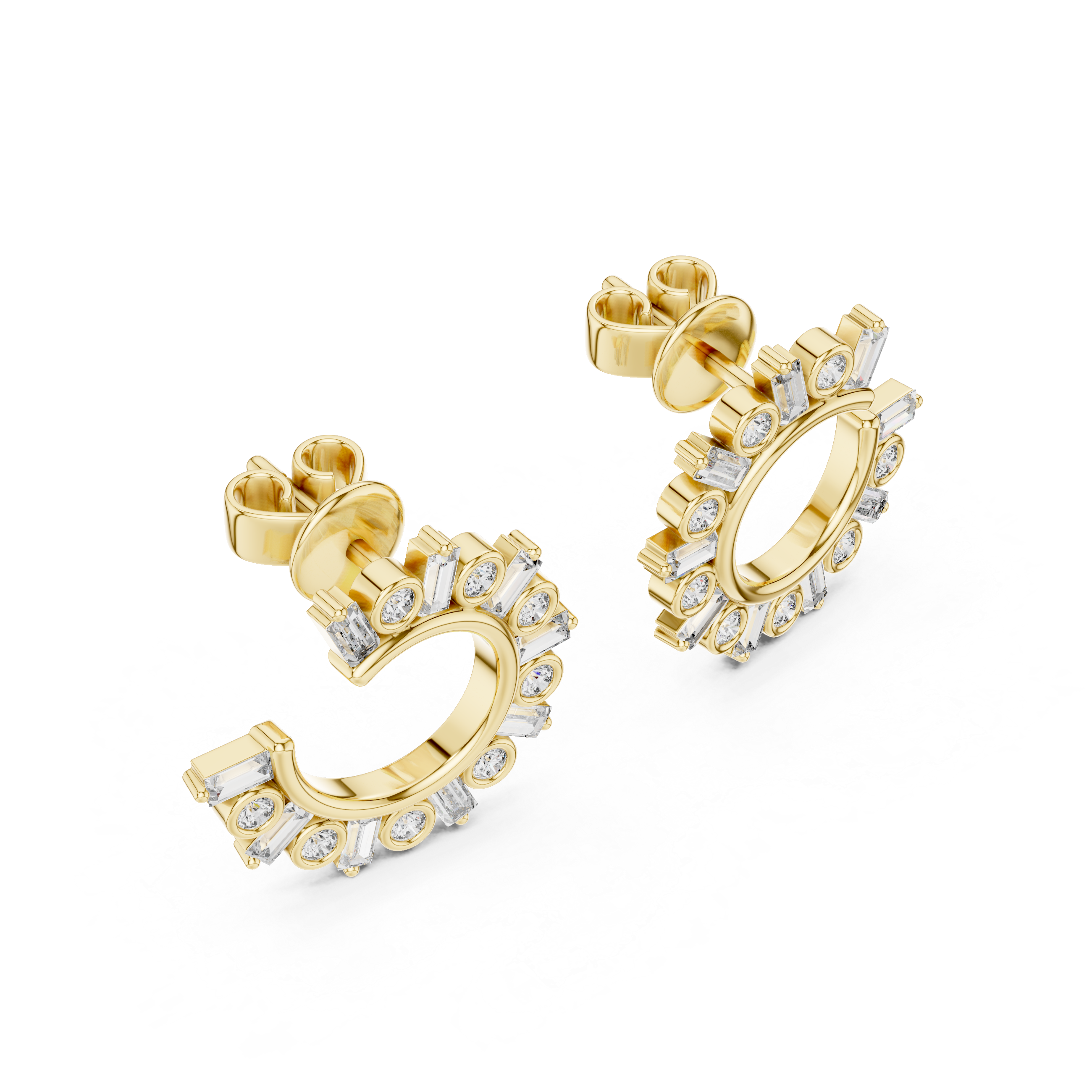 Diamond Baguette & Round Open Circle Hoop Earrings