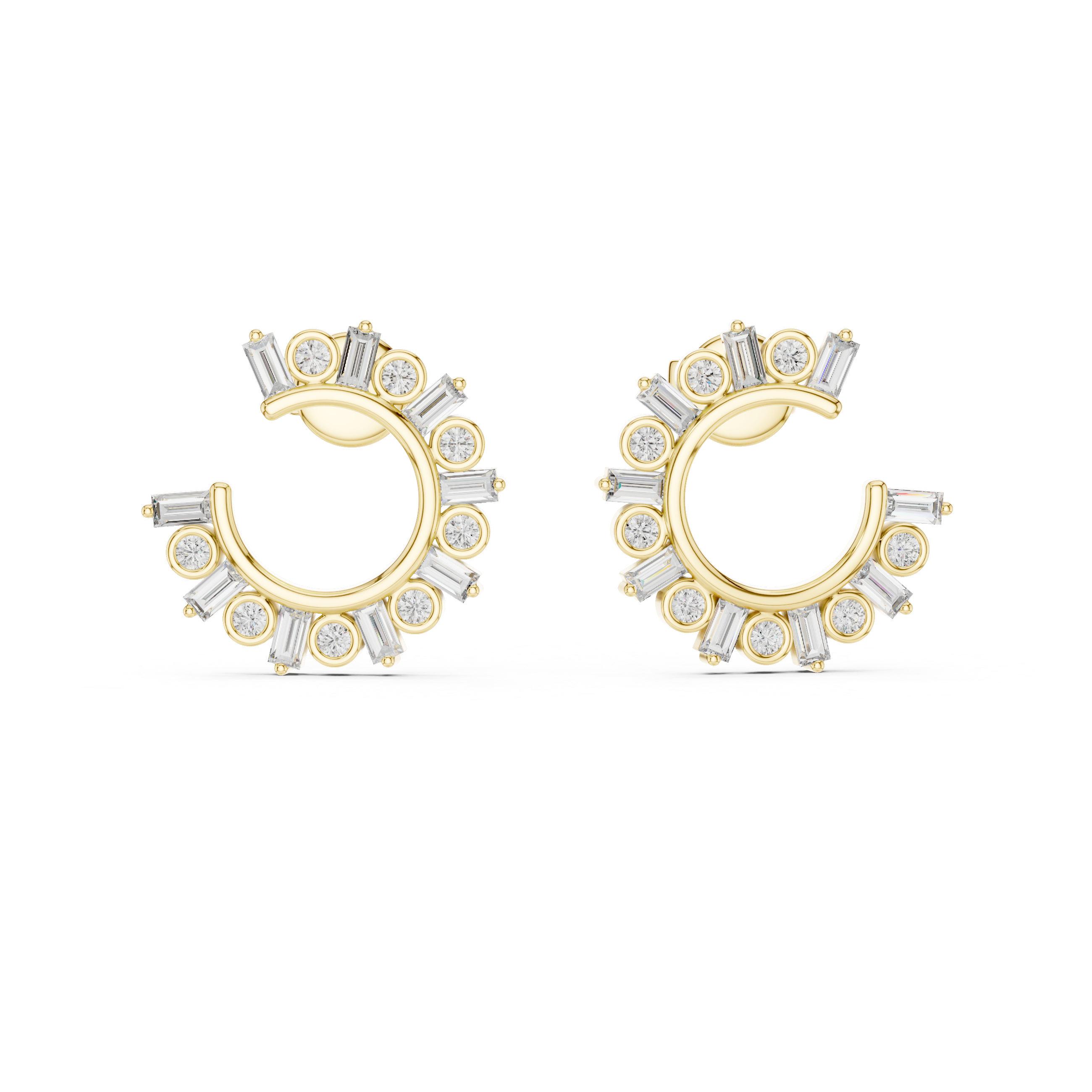 Diamond Baguette & Round Open Circle Hoop Earrings