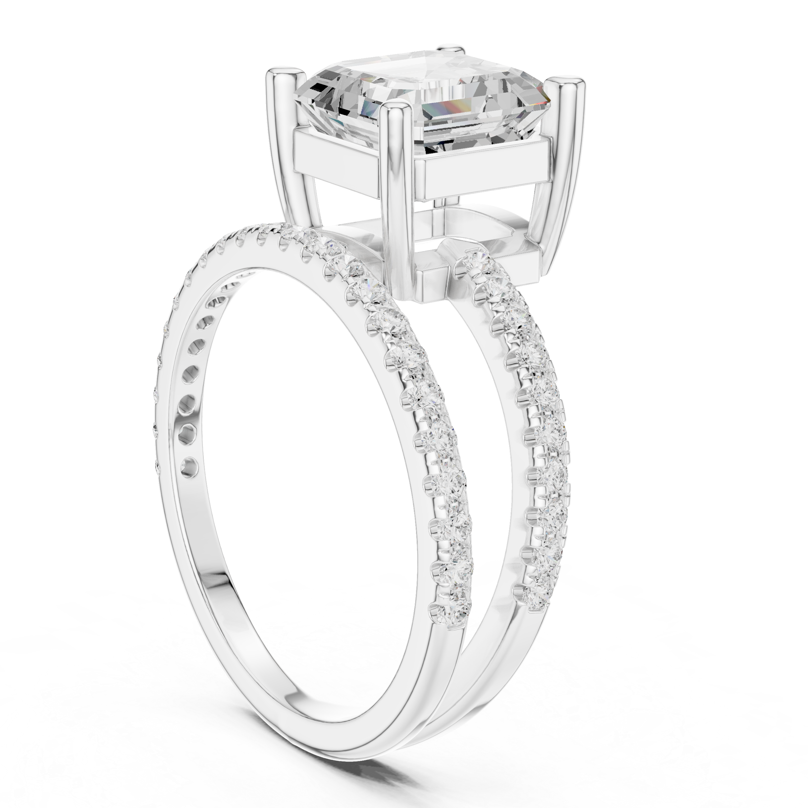 Split Shank Asscher Cut Solitaire Engagement Ring with Pavé Diamond Band
