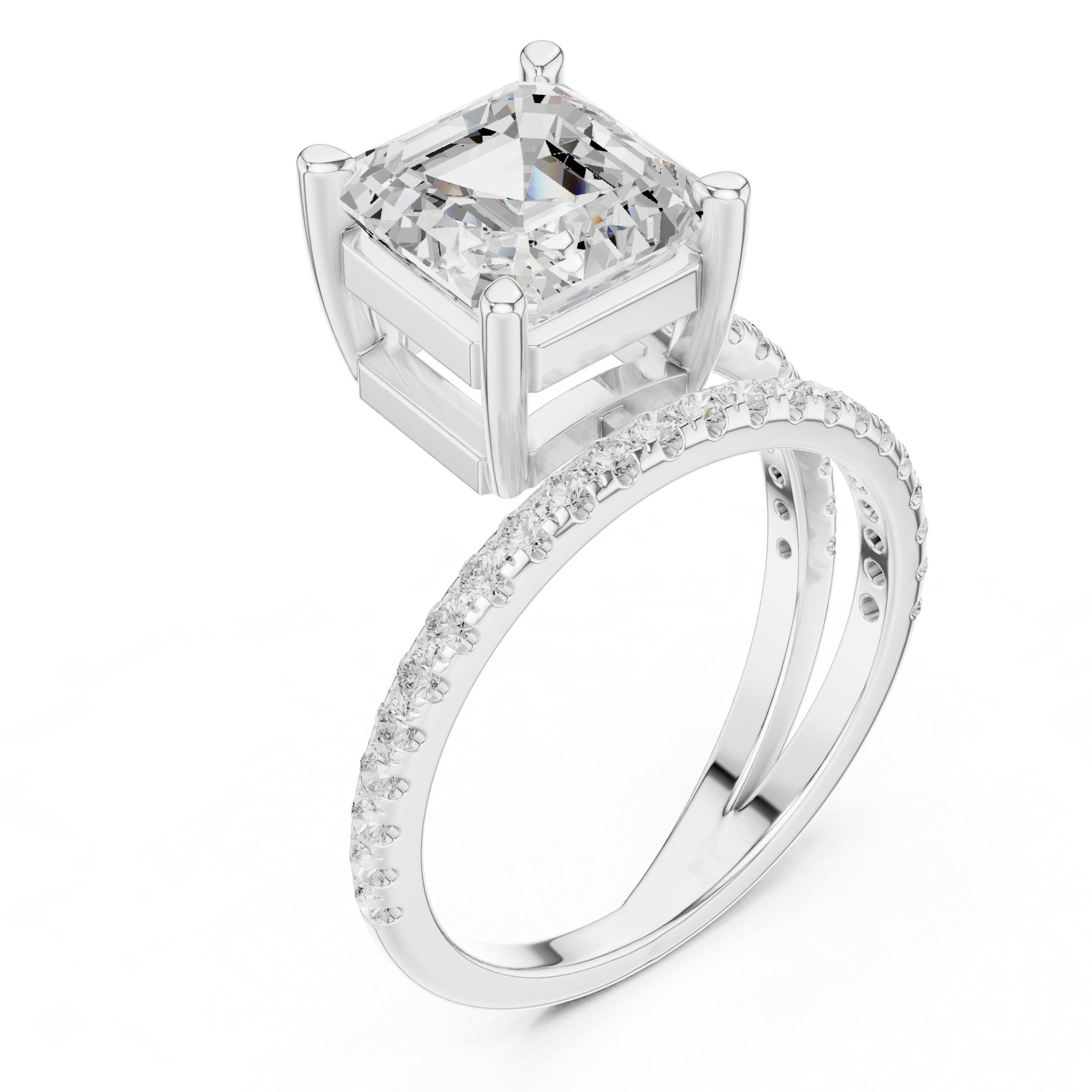Split Shank Asscher Cut Solitaire Engagement Ring with Pavé Diamond Band