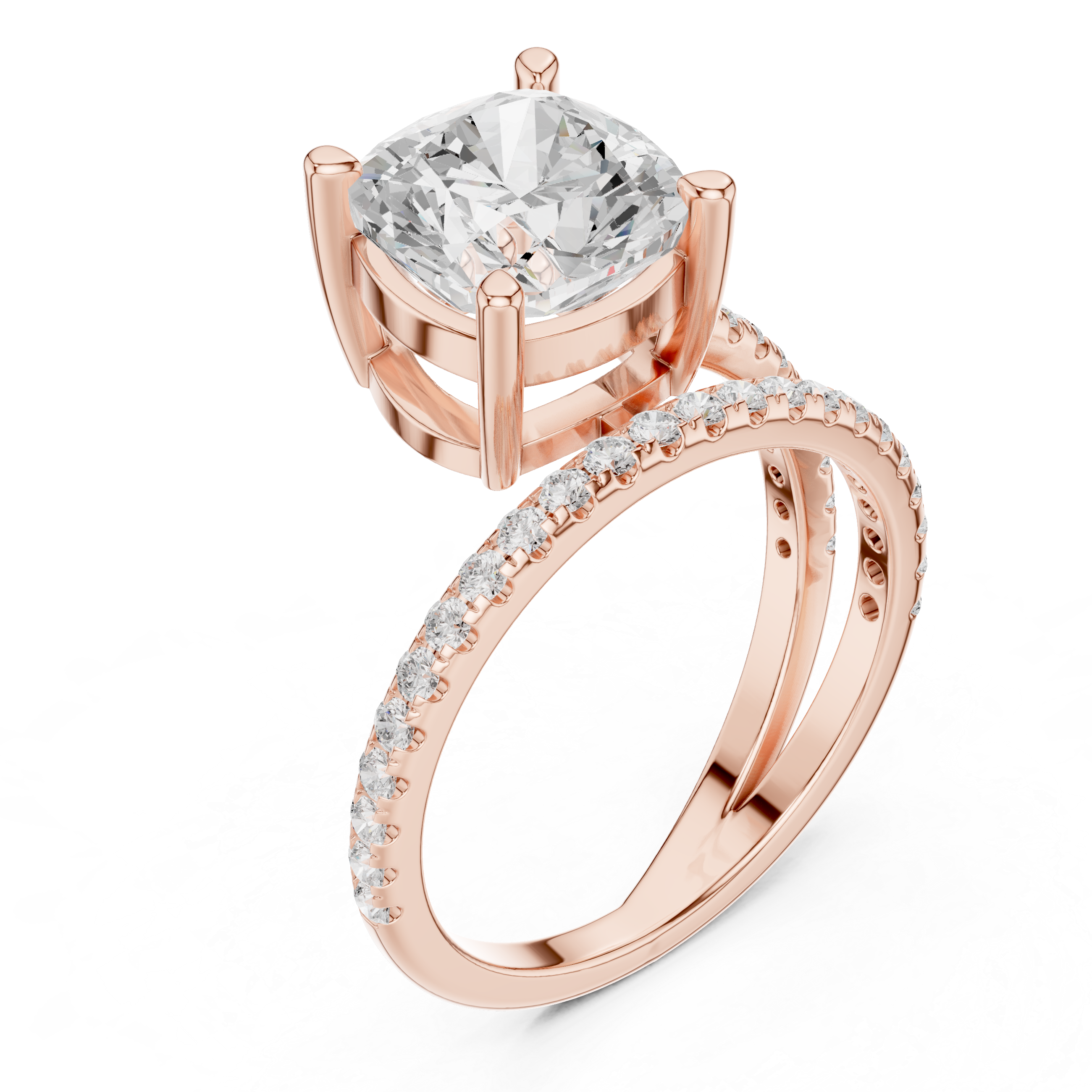 Split Shank Cushion Cut Solitaire Engagement Ring with Pavé Diamond Band