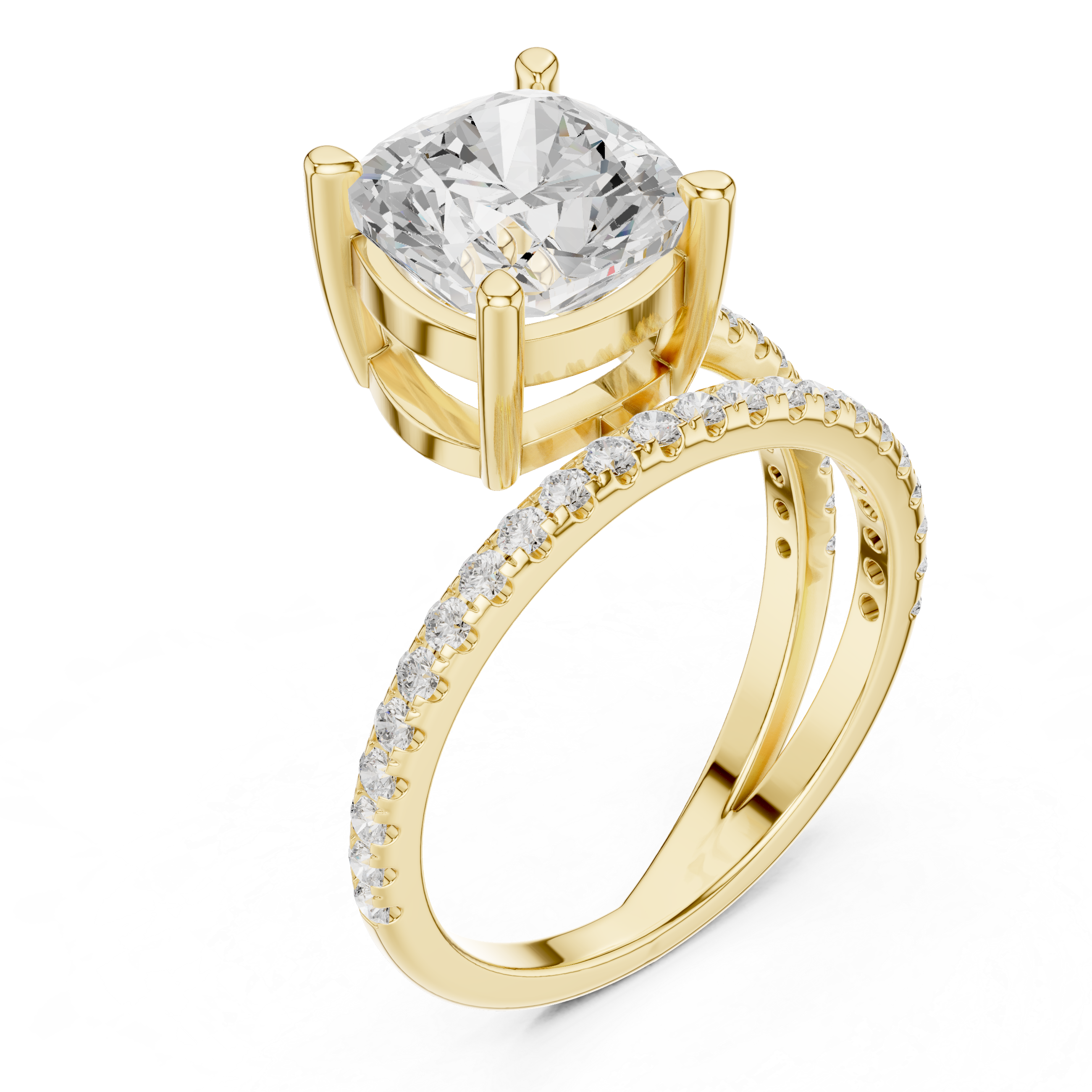 Split Shank Cushion Cut Solitaire Engagement Ring with Pavé Diamond Band
