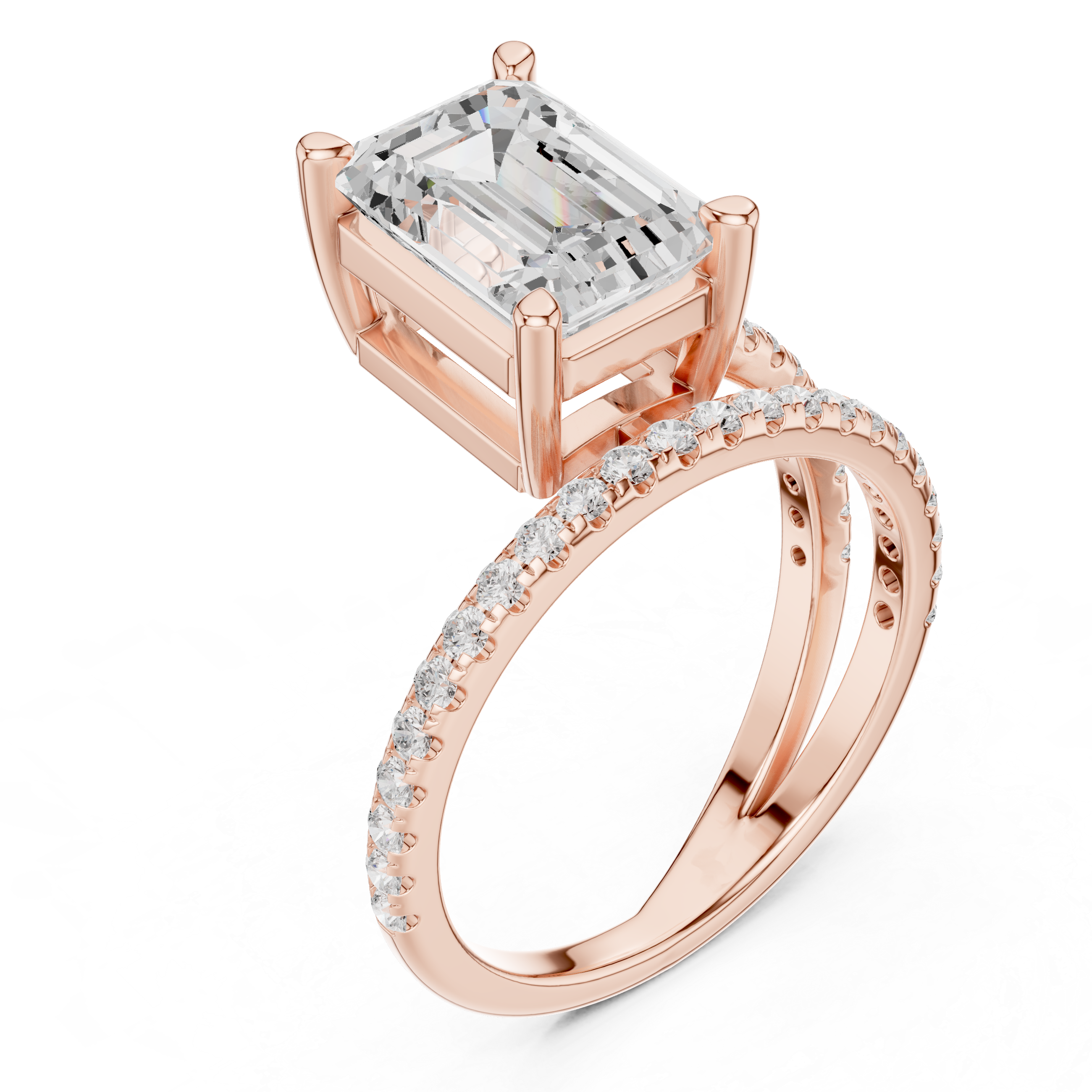 Split Shank Emerald Cut Solitaire Engagement Ring with Pavé Diamond Band