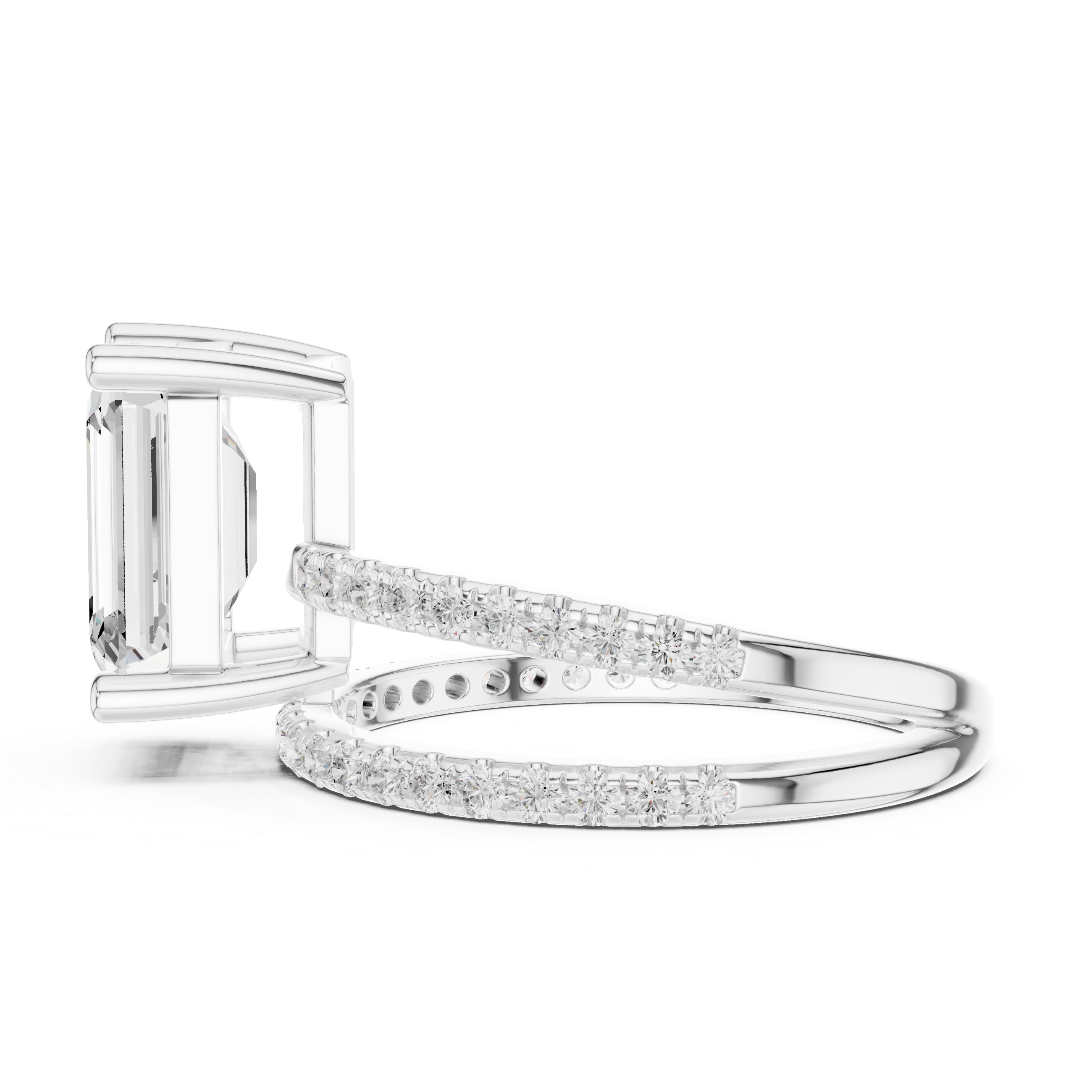 Split Shank Emerald Cut Solitaire Engagement Ring with Pavé Diamond Band