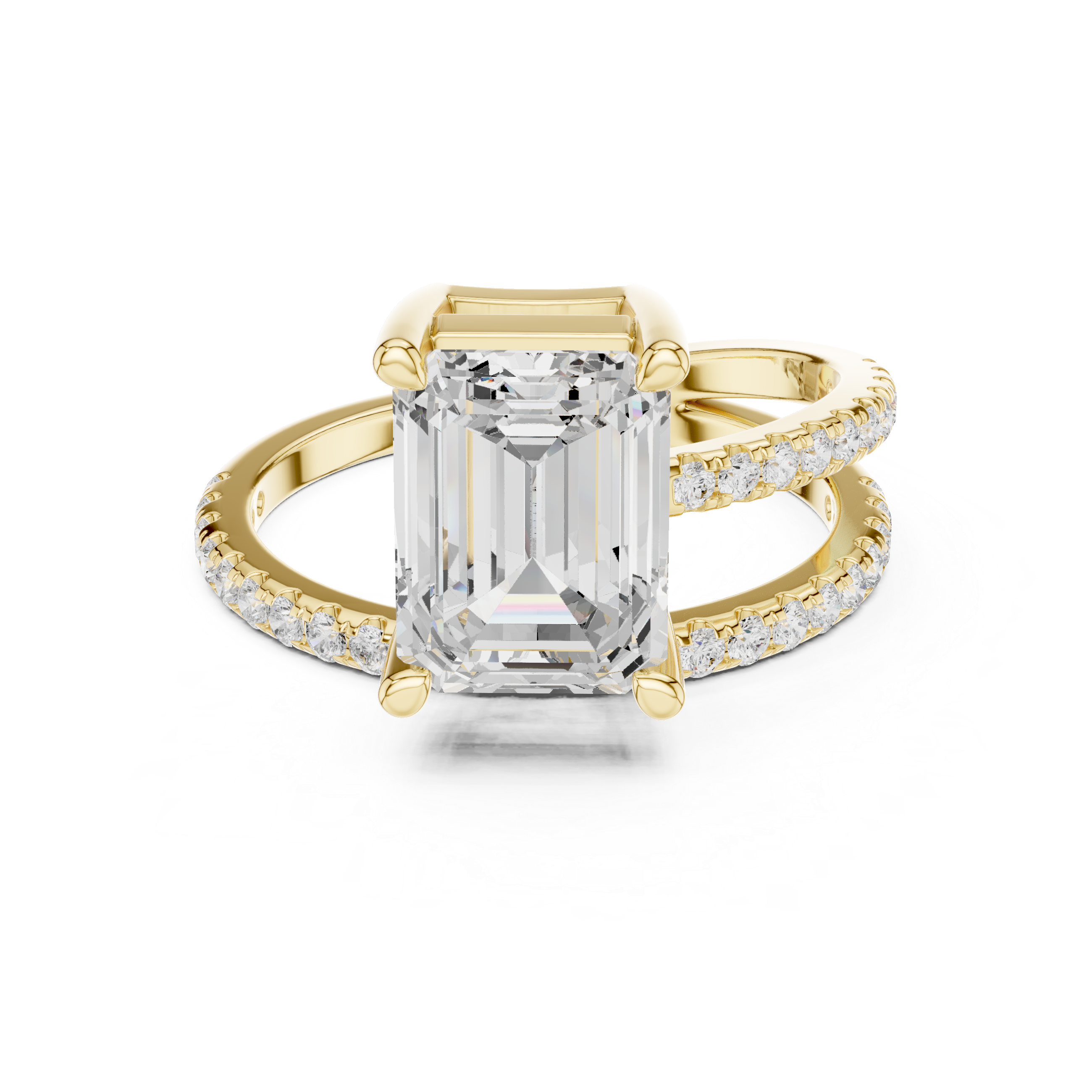 Split Shank Emerald Cut Solitaire Engagement Ring with Pavé Diamond Band