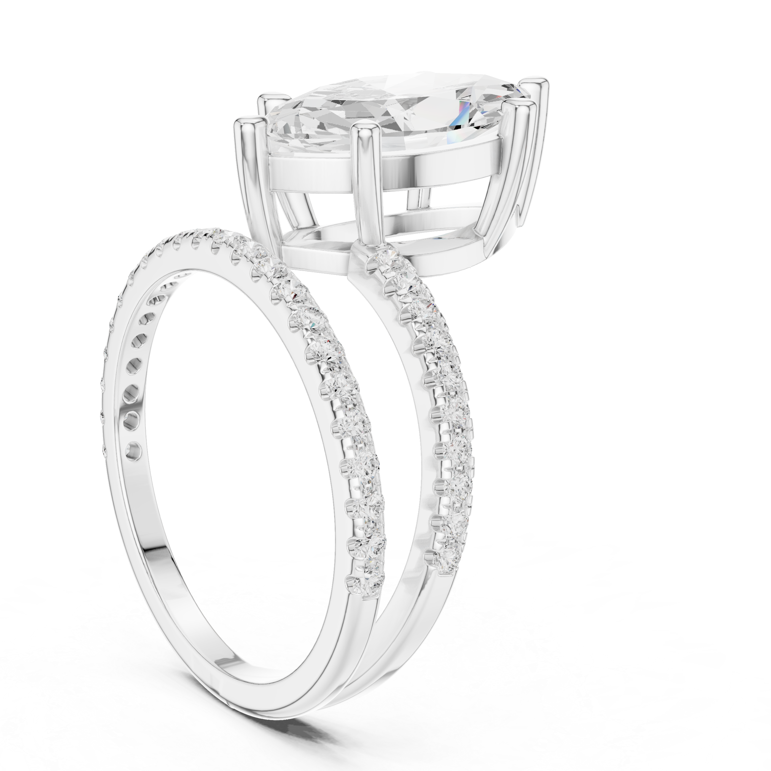 Split Shank Marquise Cut Solitaire Engagement Ring with Pavé Diamond Band