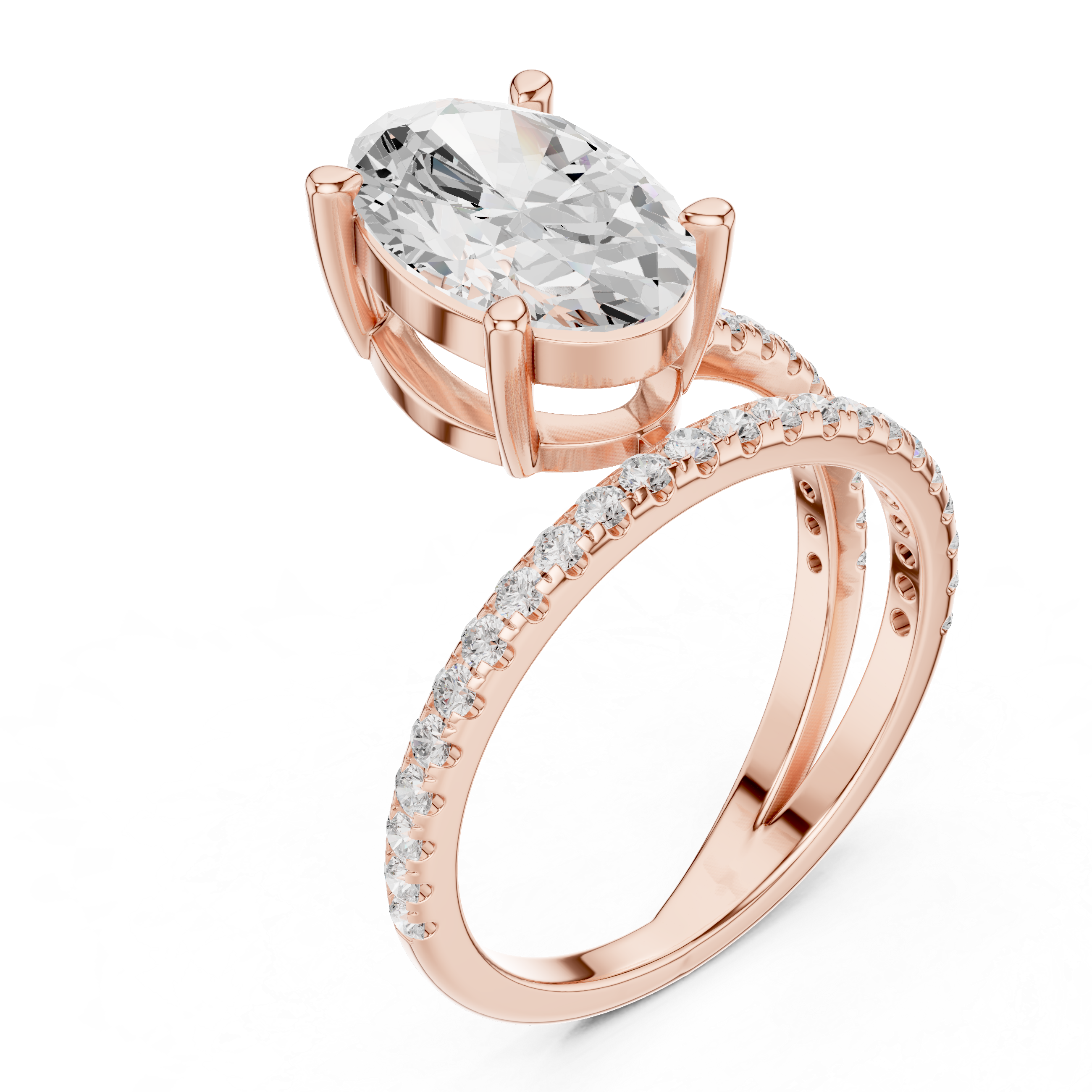 Split Shank Oval Cut Solitaire Engagement Ring with Pavé Diamond Band