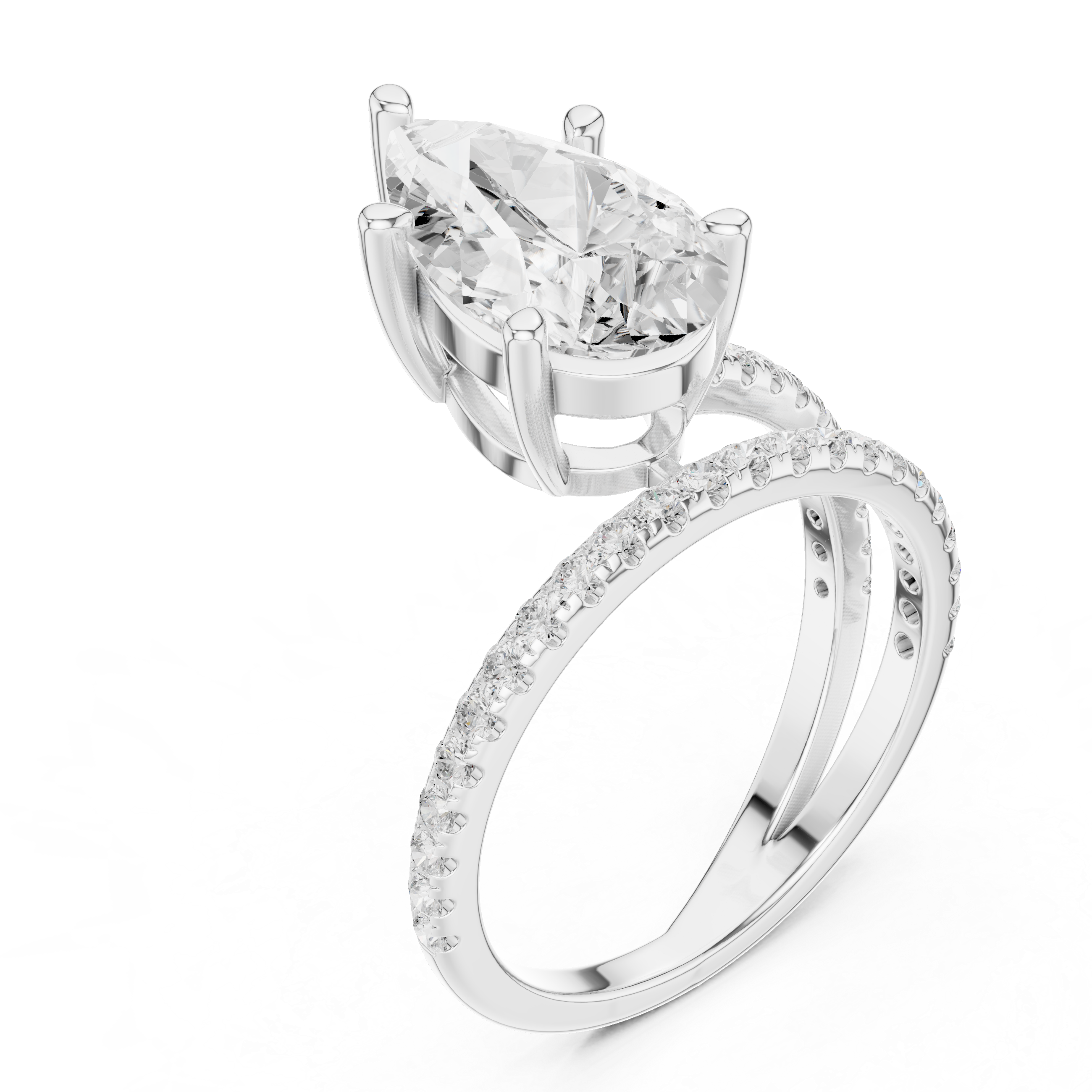 Split Shank Pear Cut Solitaire Engagement Ring with Pavé Diamond Band