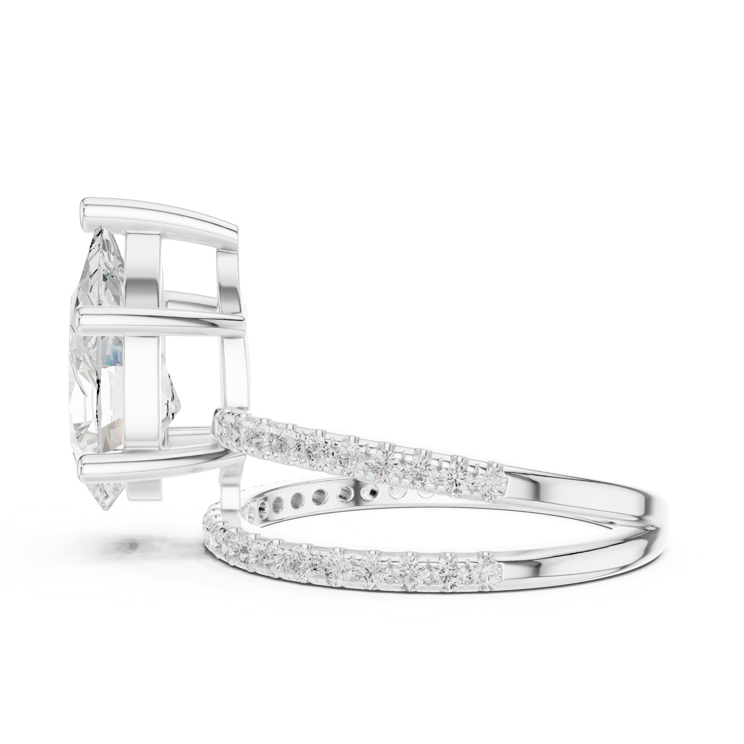Split Shank Pear Cut Solitaire Engagement Ring with Pavé Diamond Band