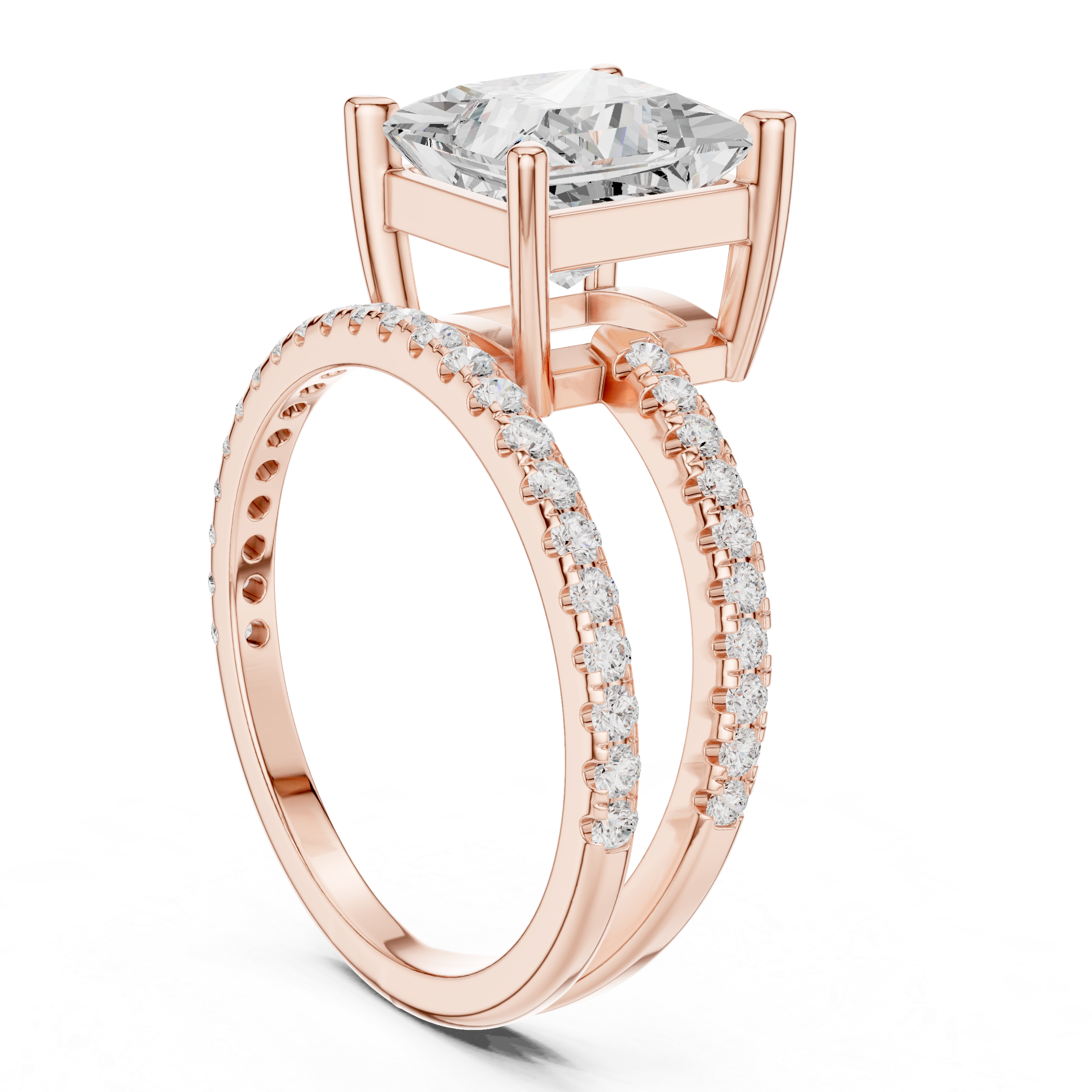 Split Shank Princess Cut Solitaire Engagement Ring with Pavé Diamond Band