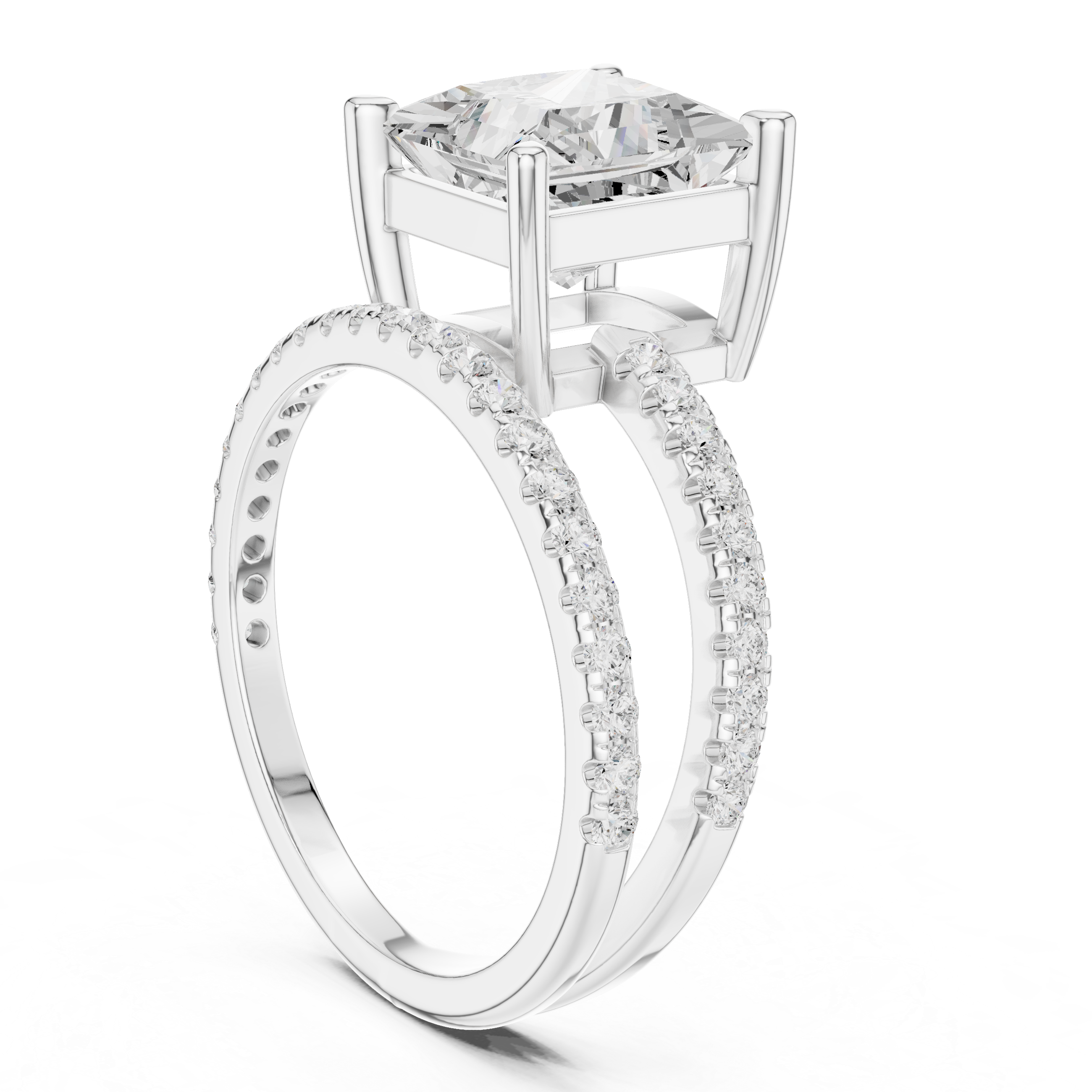 Split Shank Princess Cut Solitaire Engagement Ring with Pavé Diamond Band