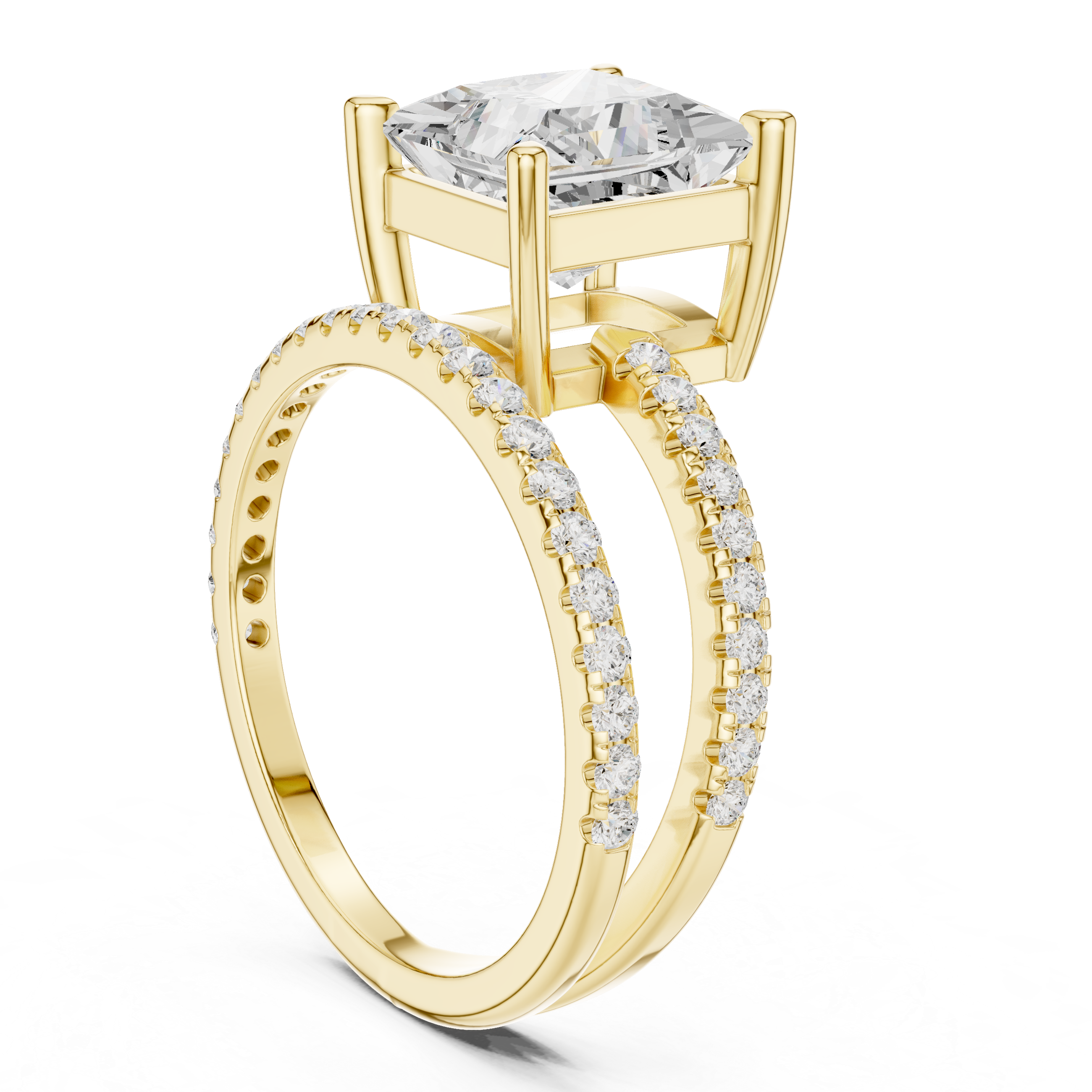 Split Shank Princess Cut Solitaire Engagement Ring with Pavé Diamond Band