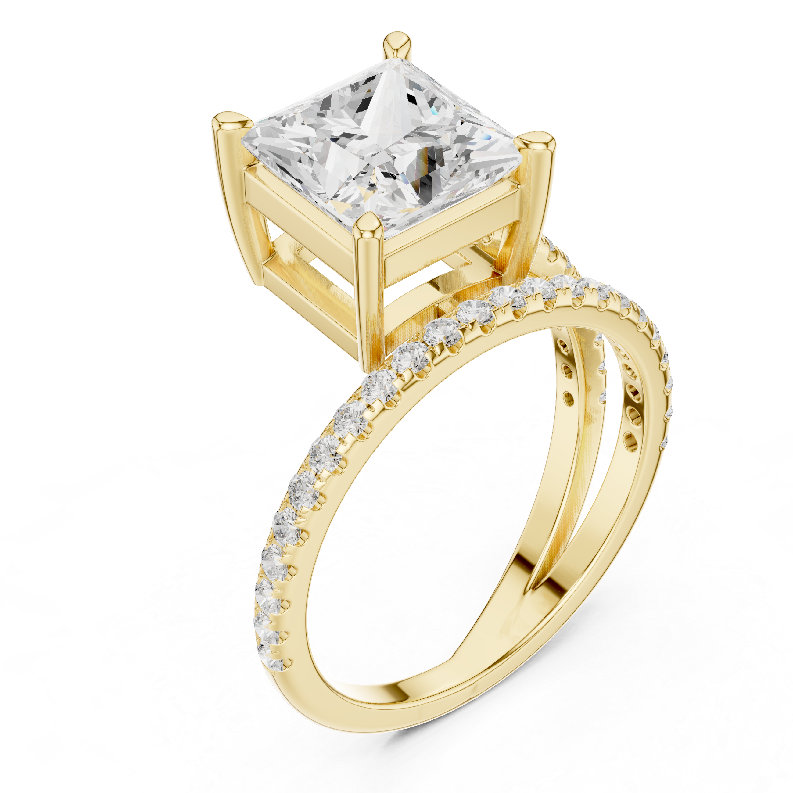 Split Shank Princess Cut Solitaire Engagement Ring with Pavé Diamond Band
