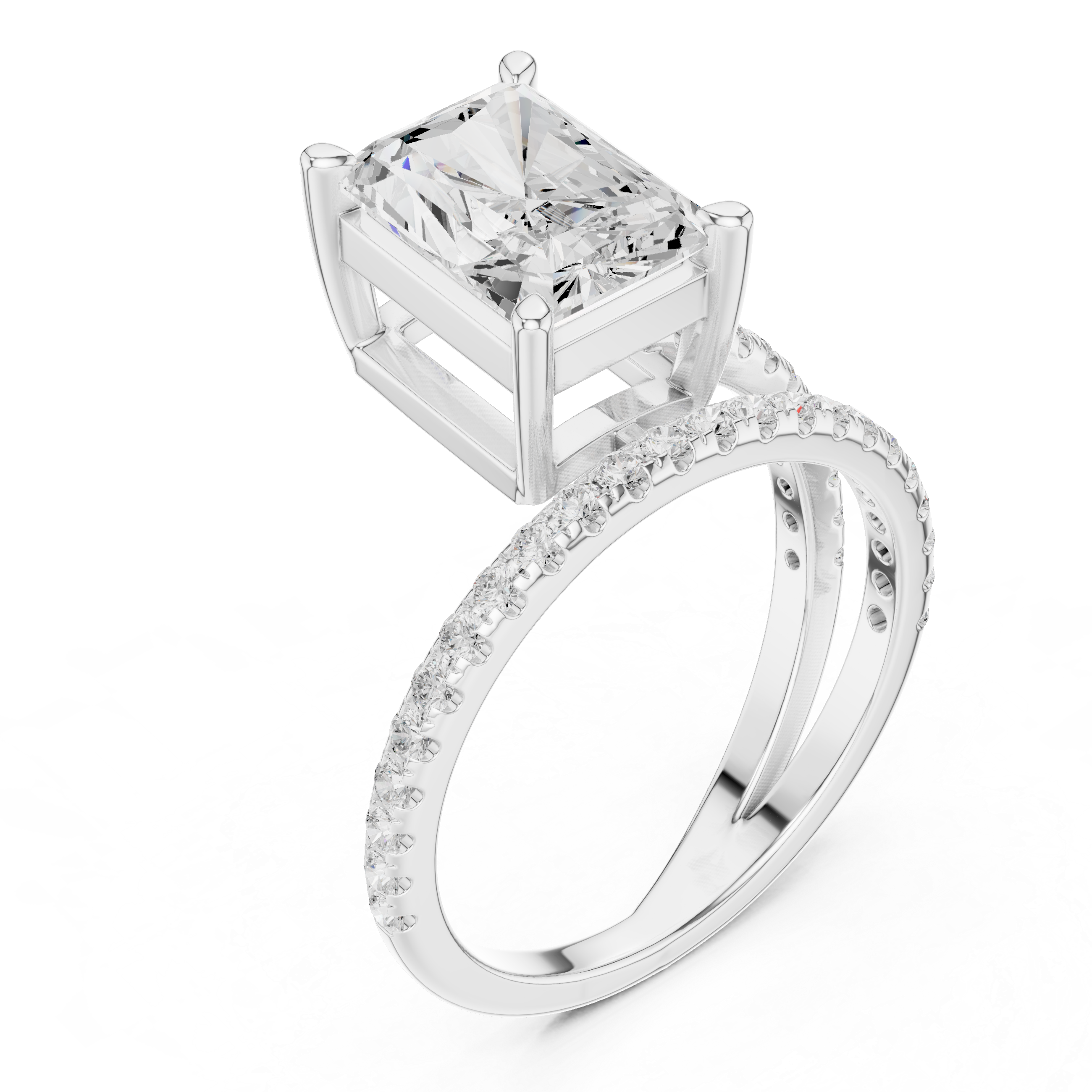 Split Shank Radiant Cut Solitaire Engagement Ring with Pavé Diamond Band