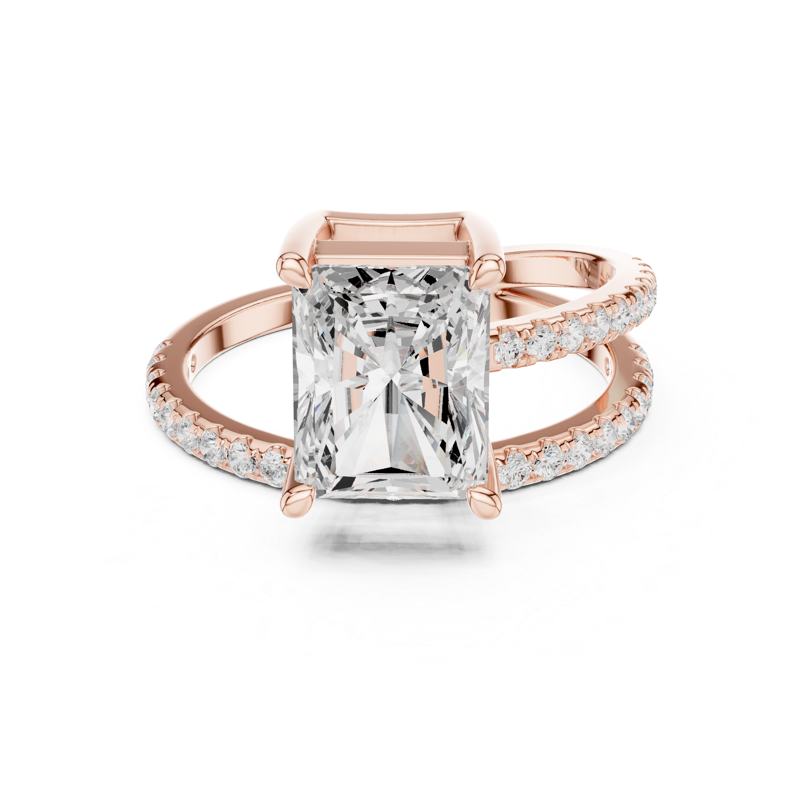 Split Shank Radiant Cut Solitaire Engagement Ring with Pavé Diamond Band